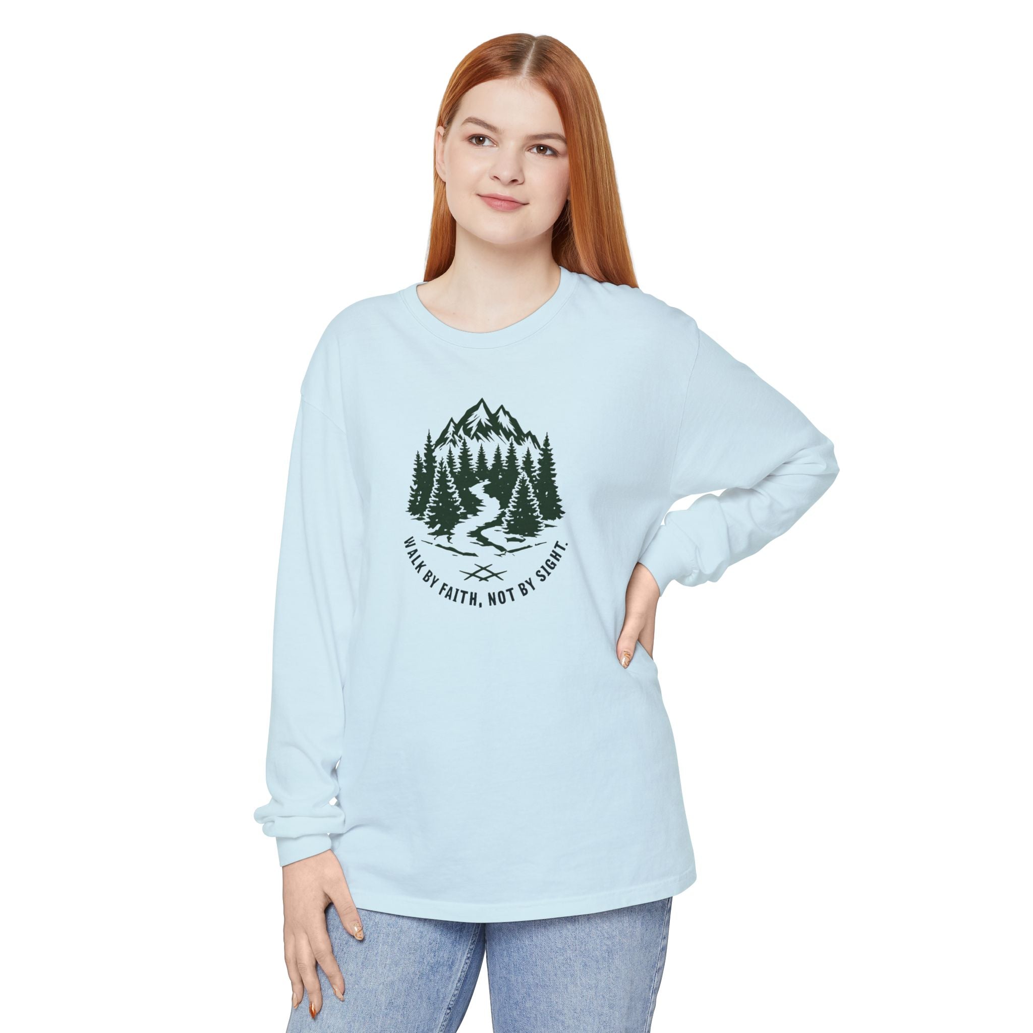 Walk by Faith, Not By Sight Comfort Colors Unisex Long Sleeve Shirt | Faith Mountain Graphic Tee | Garment Dyed Cotton
