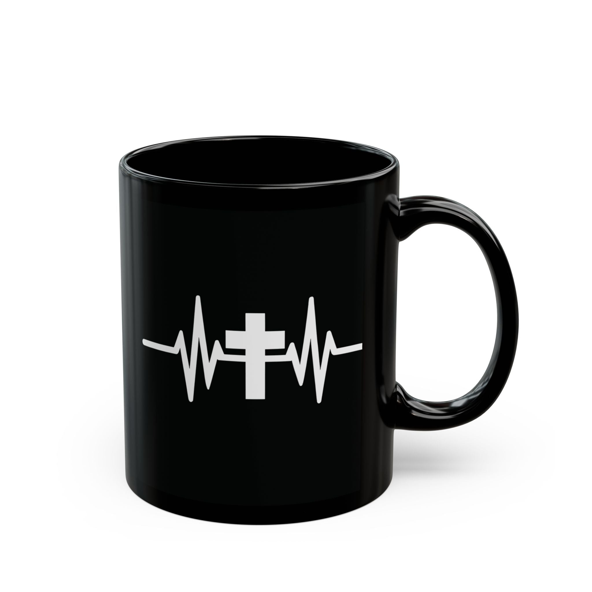 Christian Coffee Mug with Cross and Heartbeat Design – 11 oz - Faith-Based Ceramic Mug Gift | Inspirational Coffee Cup Gift
