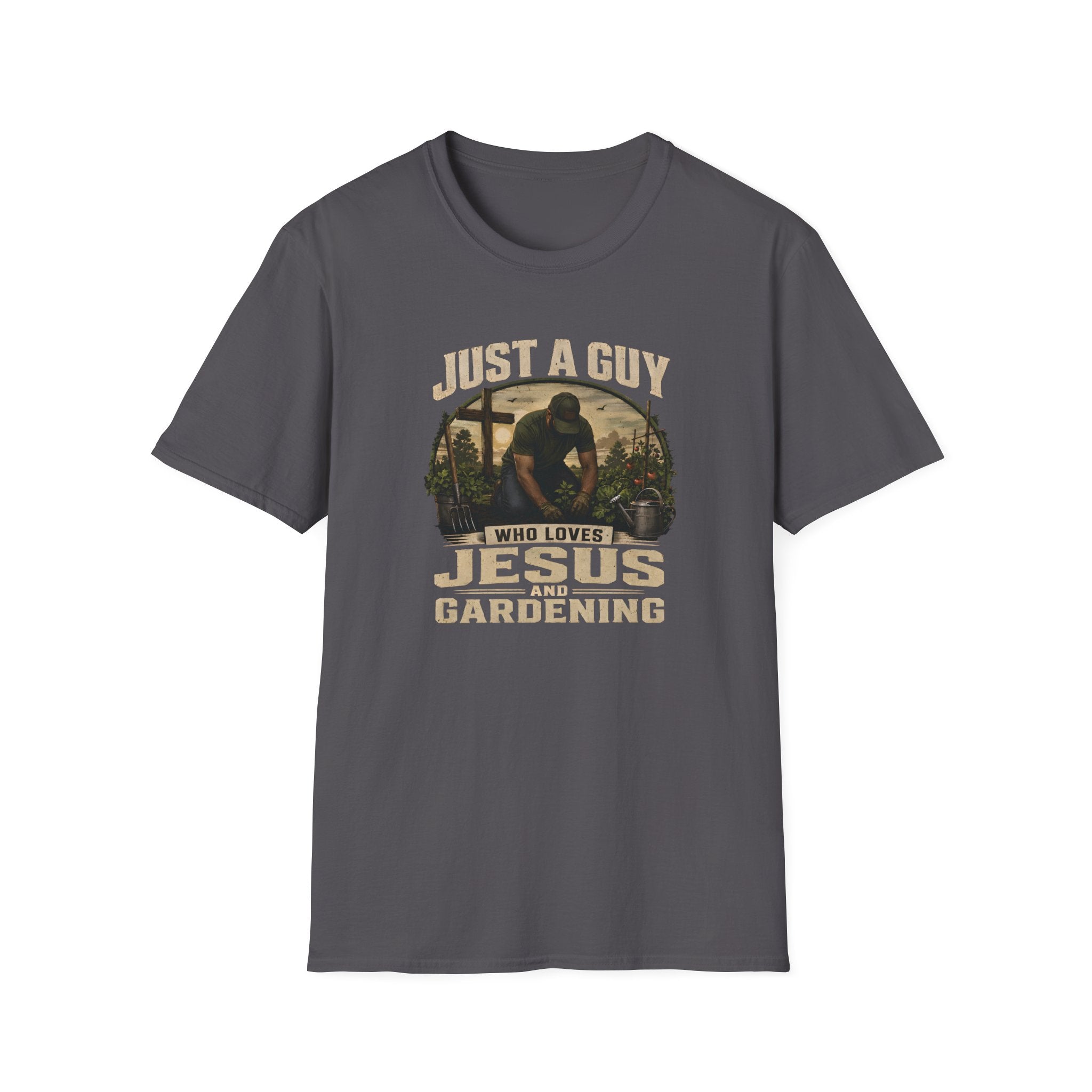 Just A Guy Who Loves Jesus And Gardening Gildan Christian T-Shirt for Men | Faith Based Gardening Shirt | Gardener Gift Tee