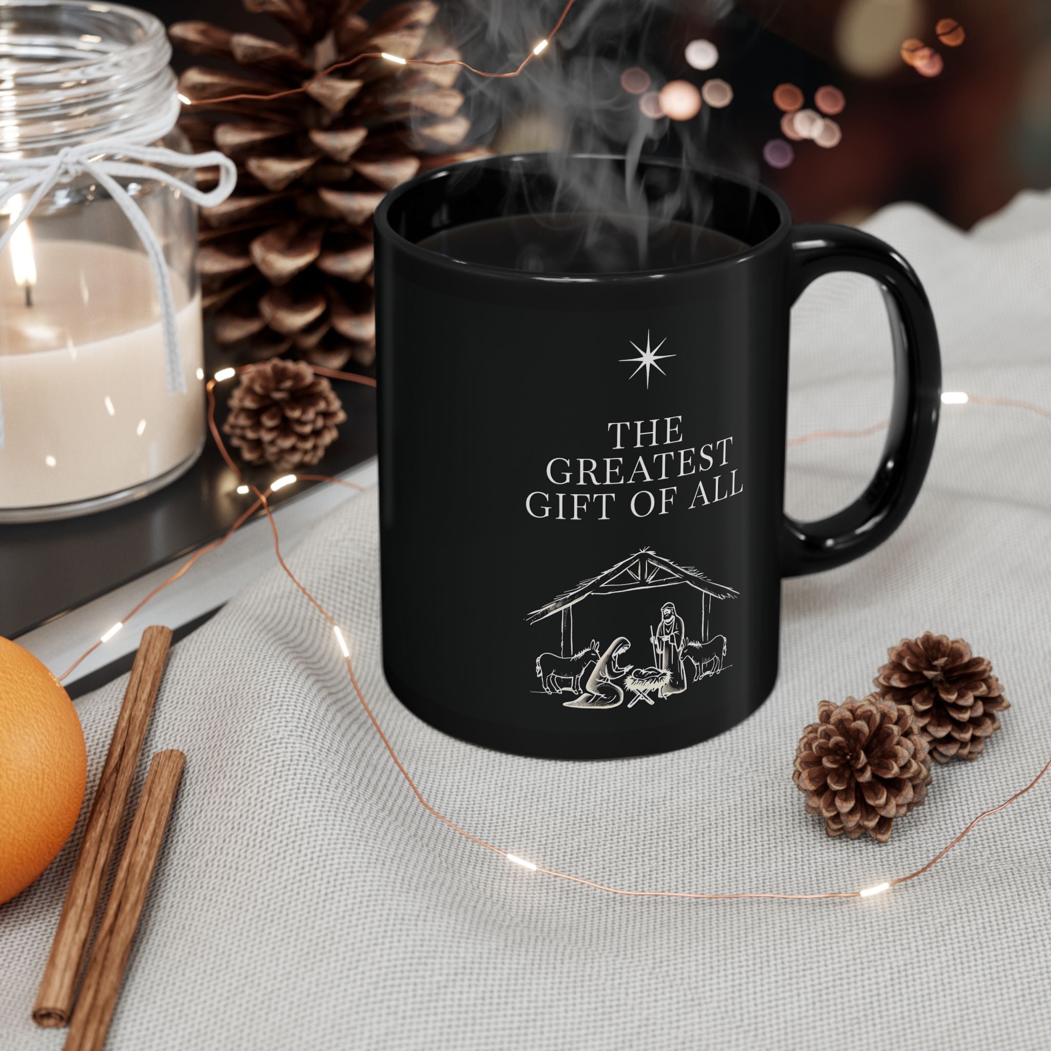 The Greatest Gift of All Christian Black Coffee Mug | Christmas Gift Ceramic Cup 11oz, 15oz