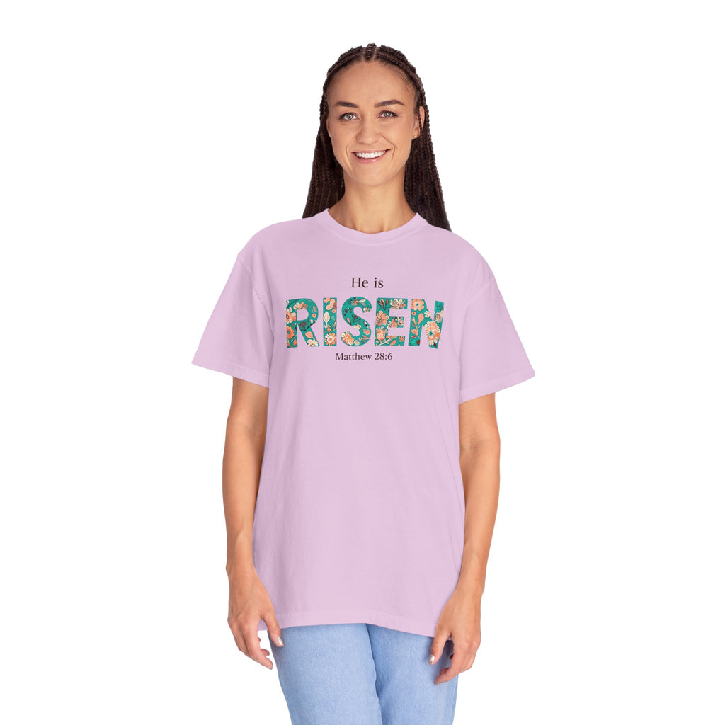 He is RISEN Christian T-Shirt | Easter Women’s Faith Shirt | Scripture Tee Matthew 28:6 | Floral Graphic | Garment-Dyed Cotton | S-4XL