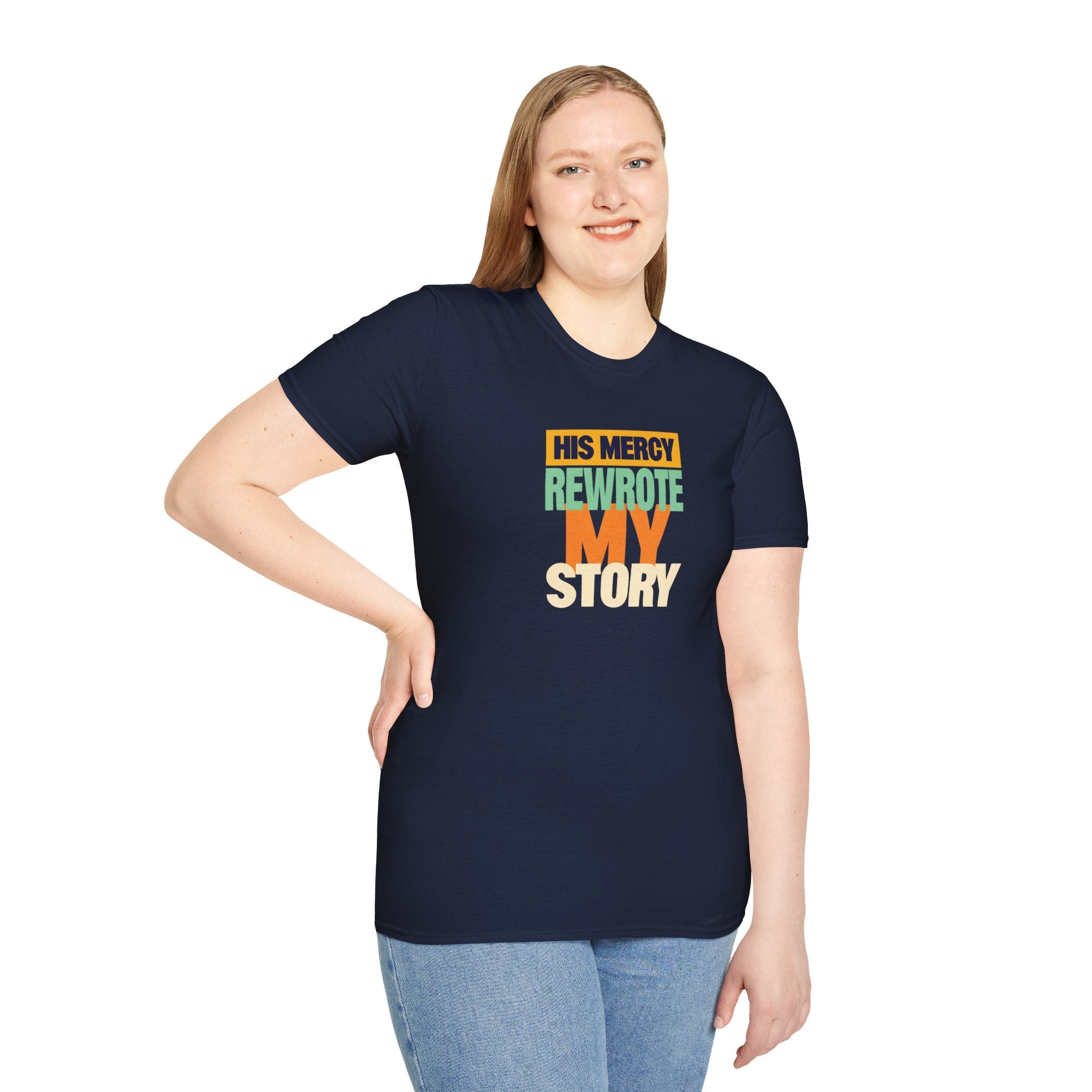 His Mercy Rewrote My Story Christian Gildan T-Shirt Unisex Softstyle Religious Tee Gift