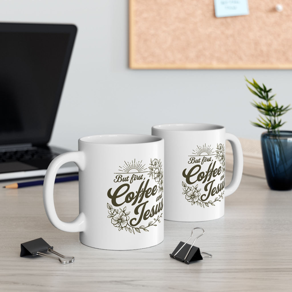 Jesus + Coffee Christian Coffee Mug | Faith Ceramic Mug 11oz & 15oz | Botanical Design Christian Gift