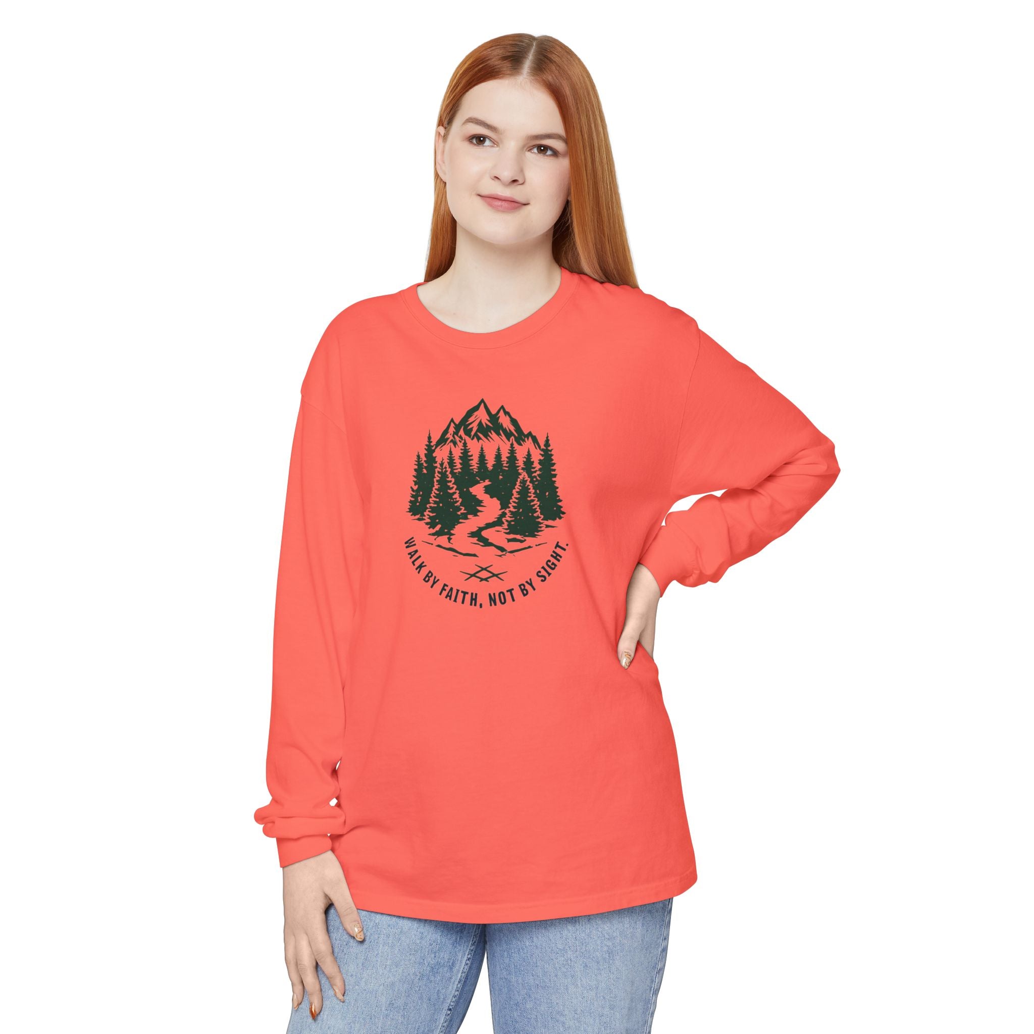 Walk by Faith, Not By Sight Comfort Colors Unisex Long Sleeve Shirt | Faith Mountain Graphic Tee | Garment Dyed Cotton
