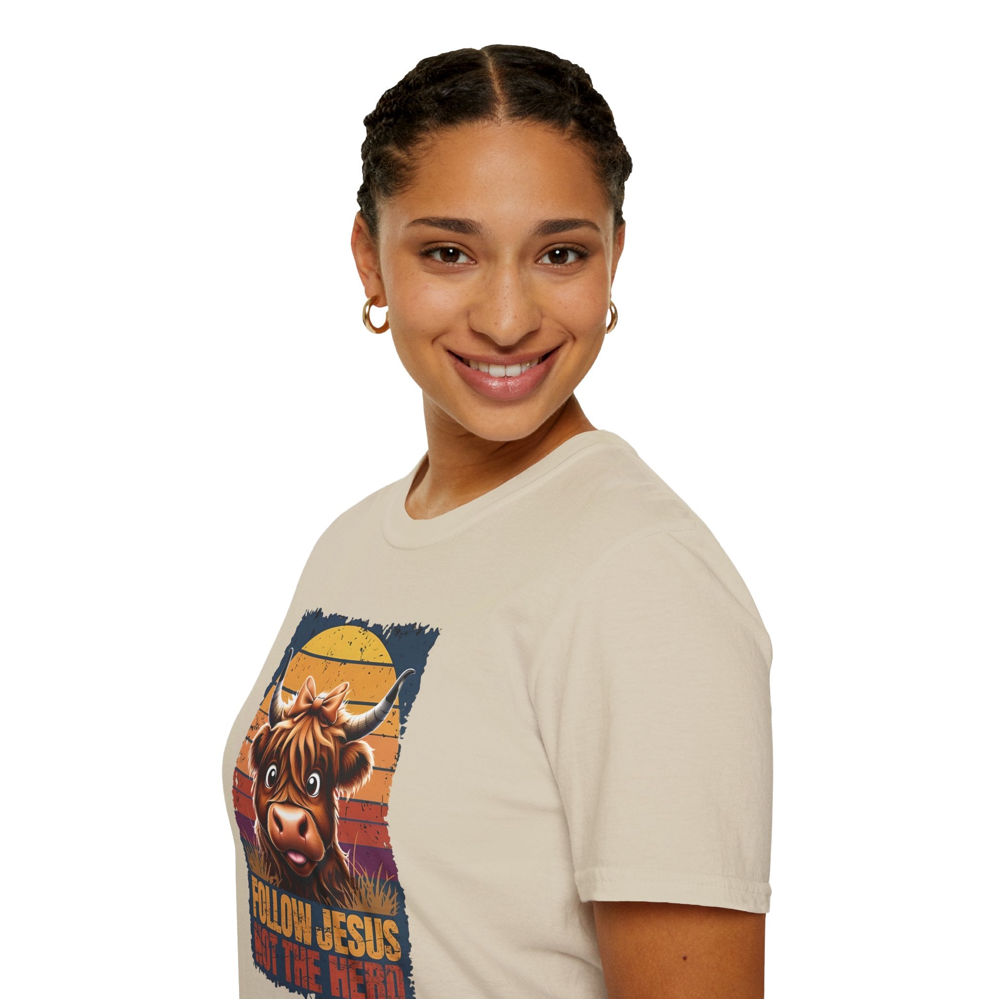 Follow Jesus Not The Herd Gildan Softstyle Unisex Tshirt | Highland Cow Christian Graphic T Shirt