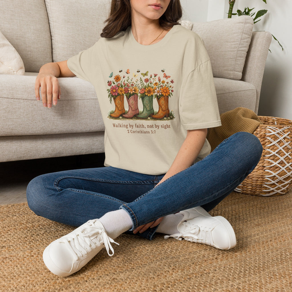 Walk by Faith Not by Sight Gildan Tshirt | Women's Wildflower Cowgirl Boots Christian Tee
