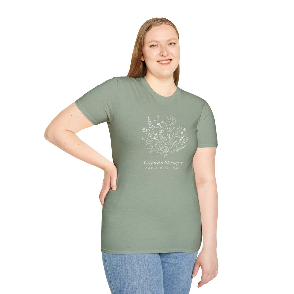 Created with Purpose Carried By Grace Christian Floral Gildan T-Shirt Women’s Faith Shirt Minimalist Design Soft Cotton Tee