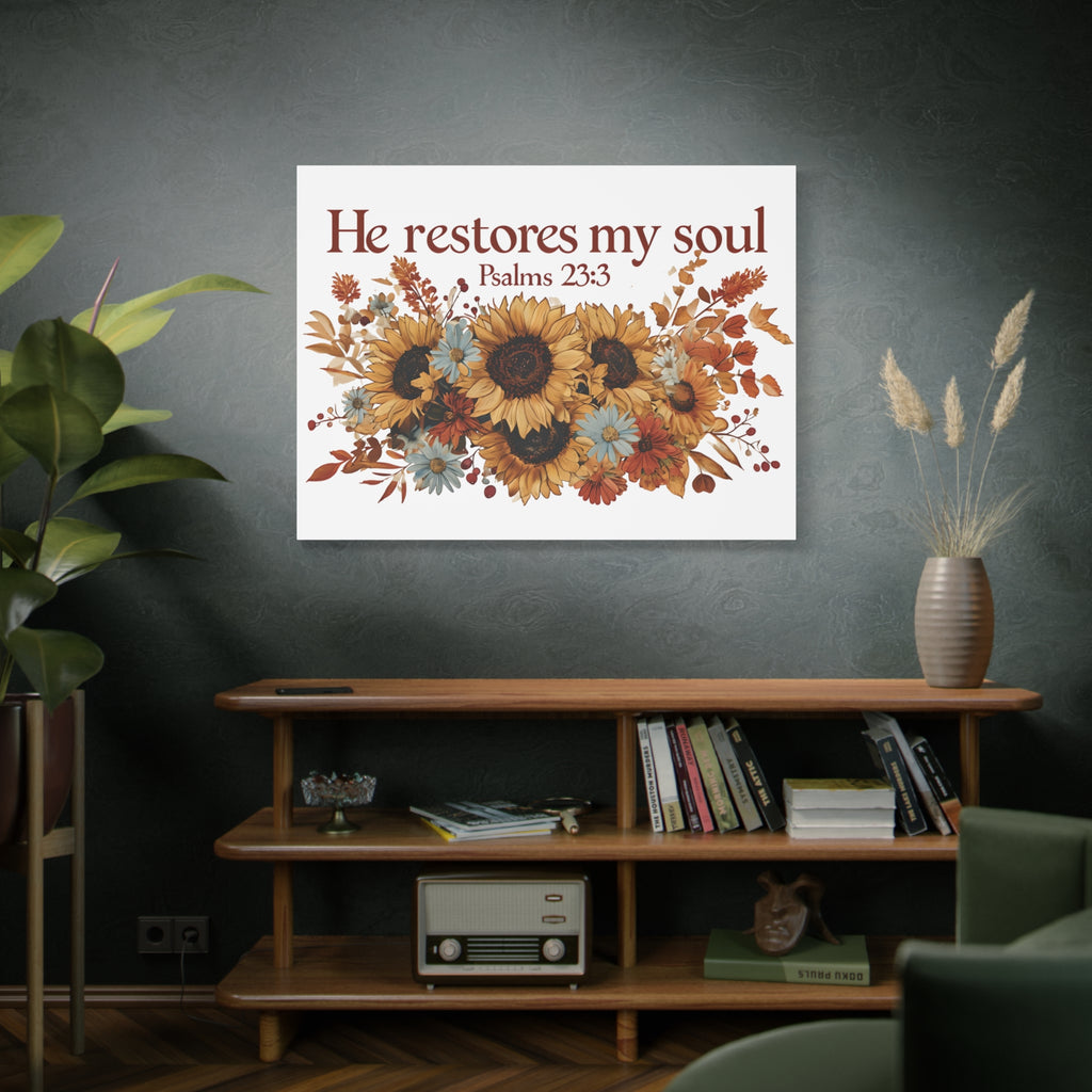 Psalm 23:3 Canvas Wall Art | Christian Sunflower Home Decor | Faith Gift