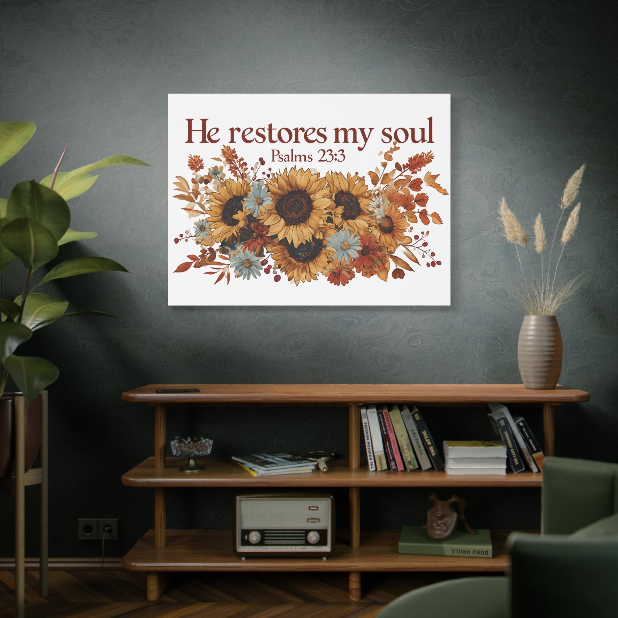 Psalm 23:3 Canvas Wall Art | Christian Sunflower Home Decor | Faith Gift