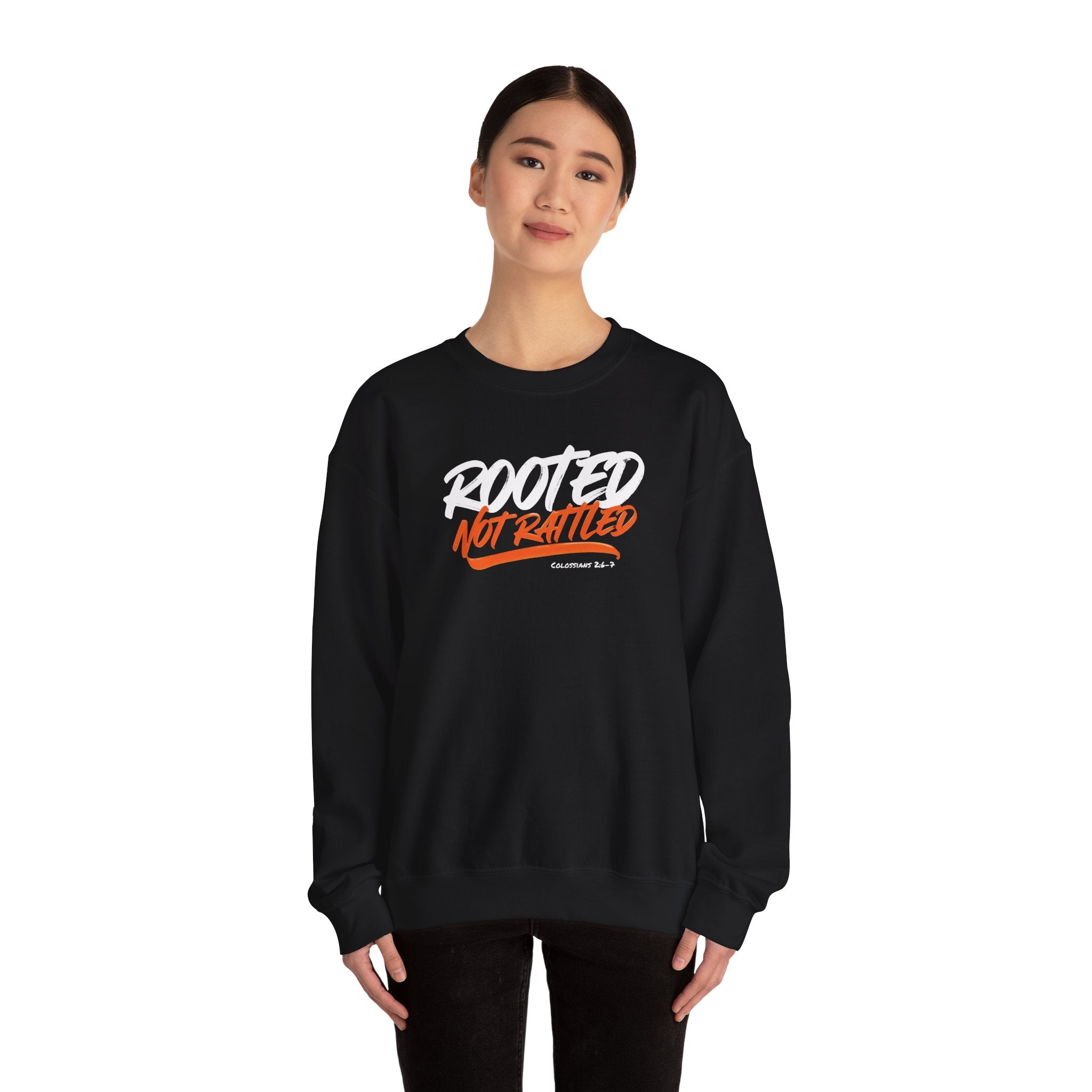 Rooted Not Rattled Gildan Christian Sweatshirt | Unisex Crewneck Pullover | Christian Gift