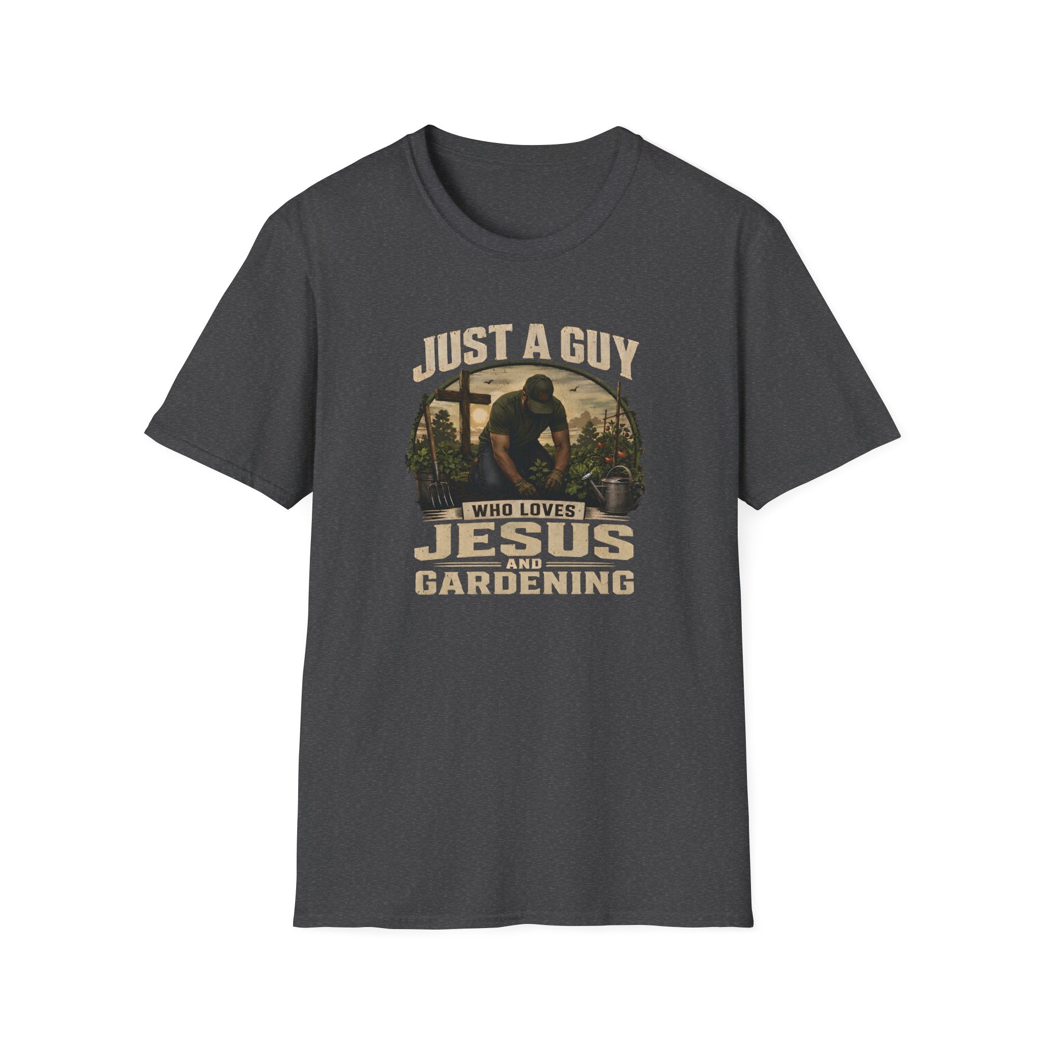 Just A Guy Who Loves Jesus And Gardening Gildan Christian T-Shirt for Men | Faith Based Gardening Shirt | Gardener Gift Tee