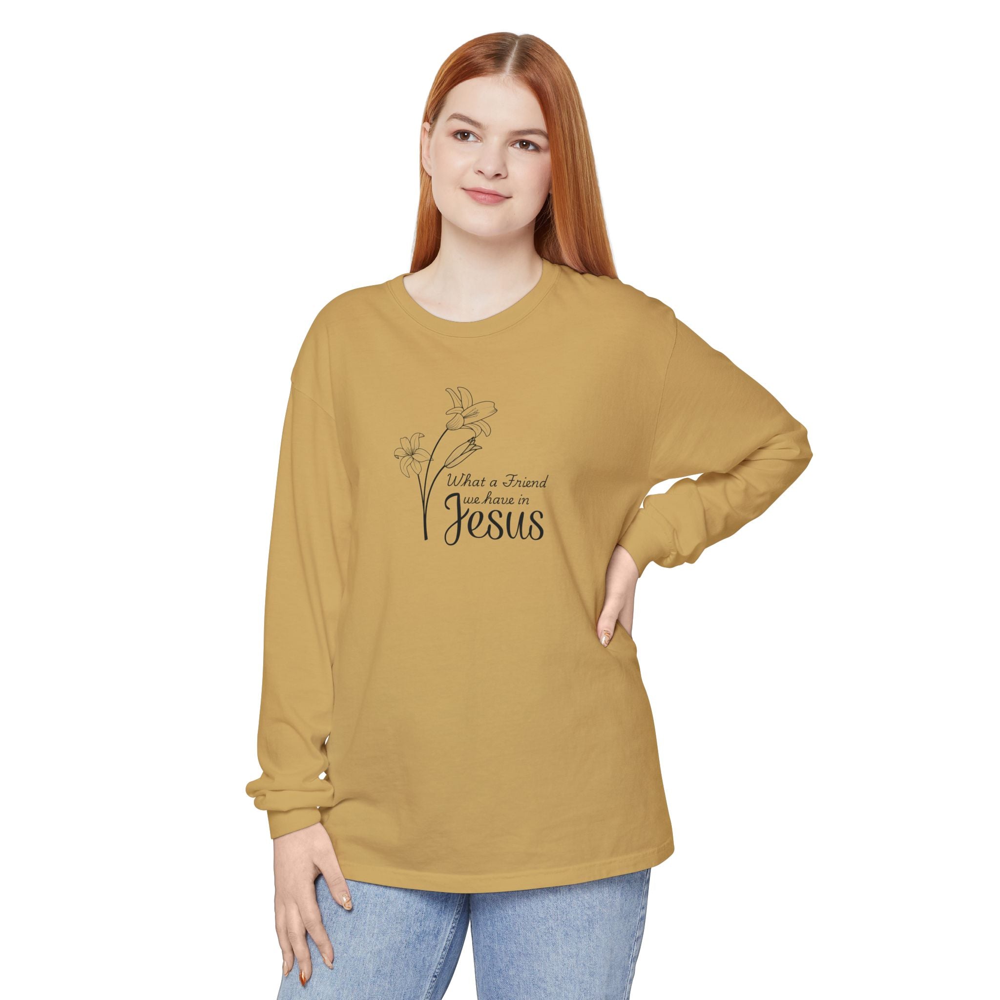 What a Friend We Have in Jesus Comfort Colors Unisex Long Sleeve Shirt | Christian Floral Tee