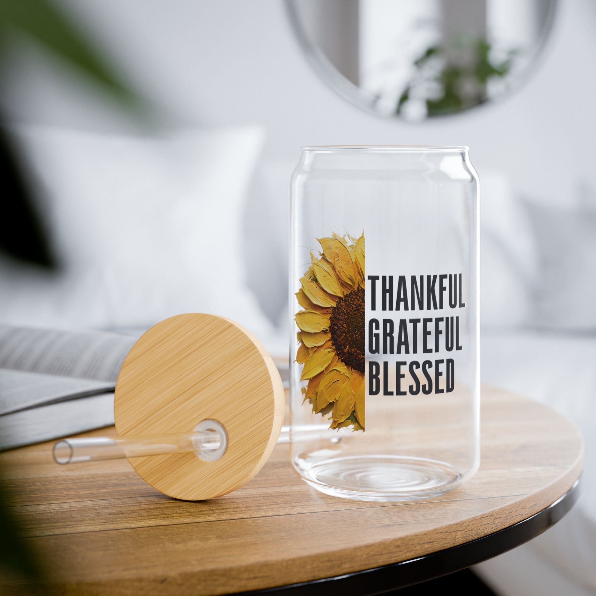 Faith Sunflower Sipper Glass 16oz Christian Drinkware Iced Coffee Cup Gift