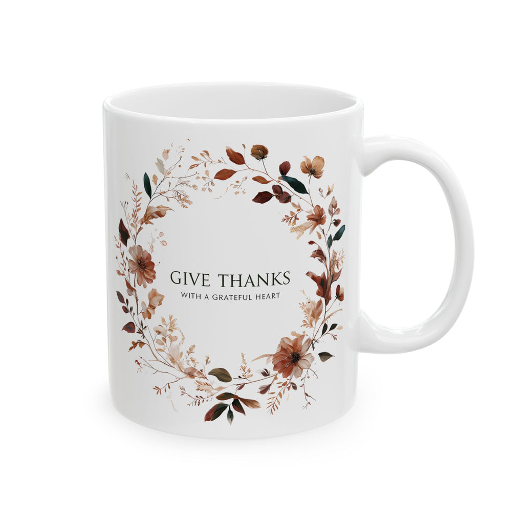 Give Thanks Floral Wreath Ceramic Mug | 11oz & 15oz | Cozy Coffee Cup, Gift for Her, Inspirational Tea Mug, Perfect for Birthdays & Anniversaries
