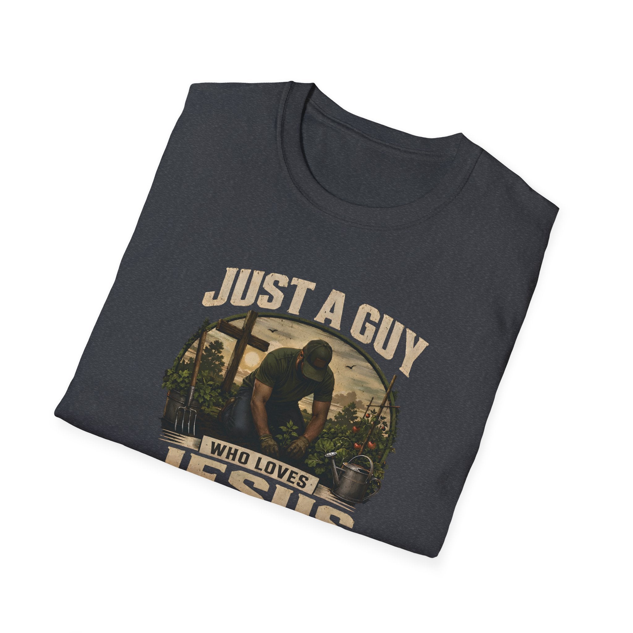 Just A Guy Who Loves Jesus And Gardening Gildan Christian T-Shirt for Men | Faith Based Gardening Shirt | Gardener Gift Tee