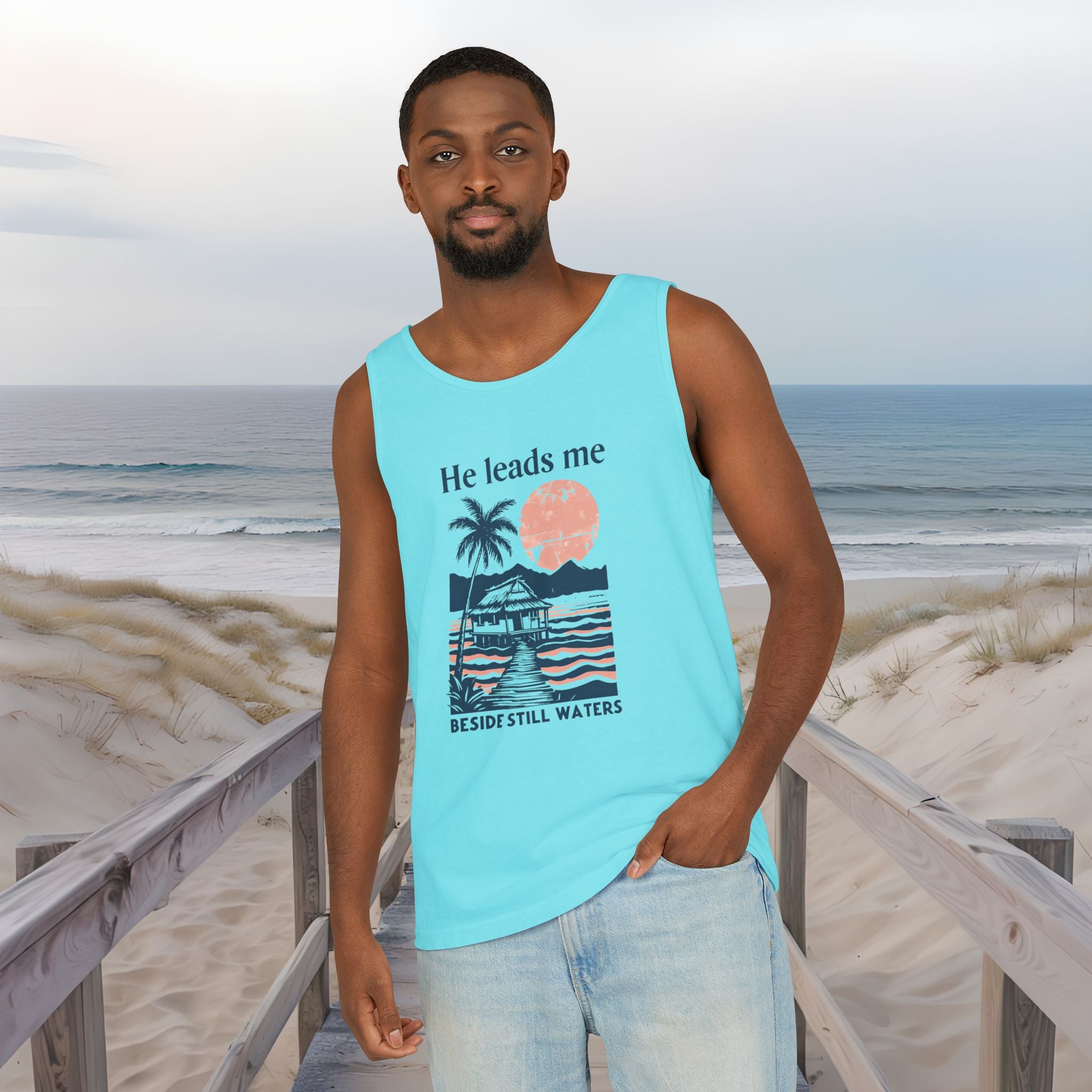 He Leads Me Beside Still Water Unisex Comfort Colors Tank Top | Psalms 23 | Christian Gift