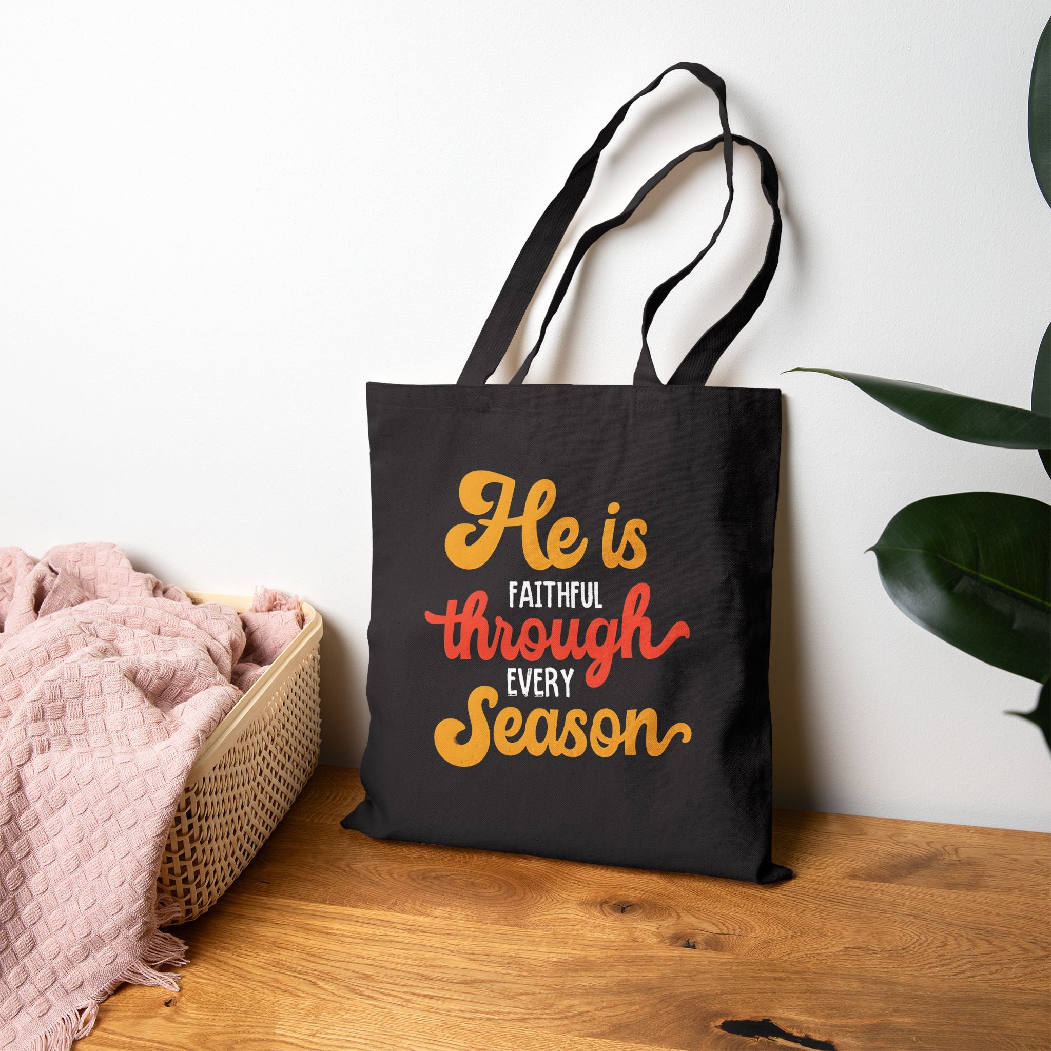 He Is Faithful Through Every Season Christian canvas tote bag — faith gift for her Bible study reusable bag