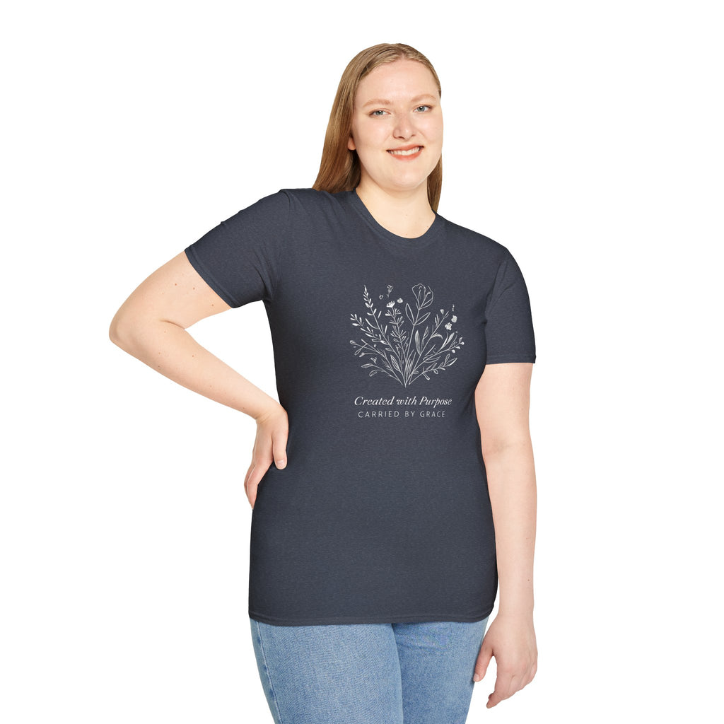 Created with Purpose Carried By Grace Christian Floral Gildan T-Shirt Women’s Faith Shirt Minimalist Design Soft Cotton Tee
