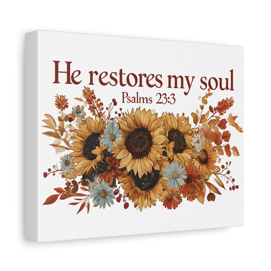 Psalm 23:3 Canvas Wall Art | Christian Sunflower Home Decor | Faith Gift