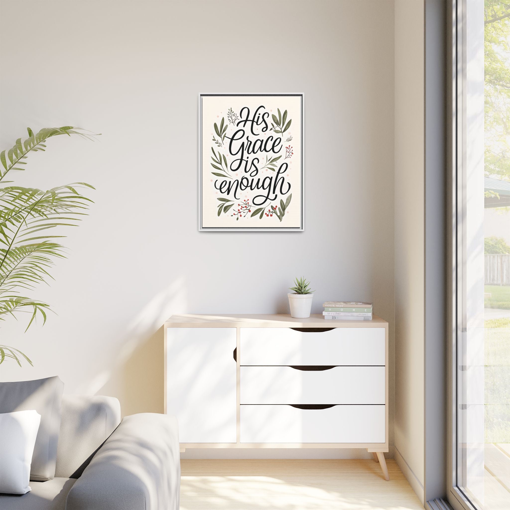 His Grace is Enough Floral Scripture Framed Matte Canvas | Modern Faith Home Decor