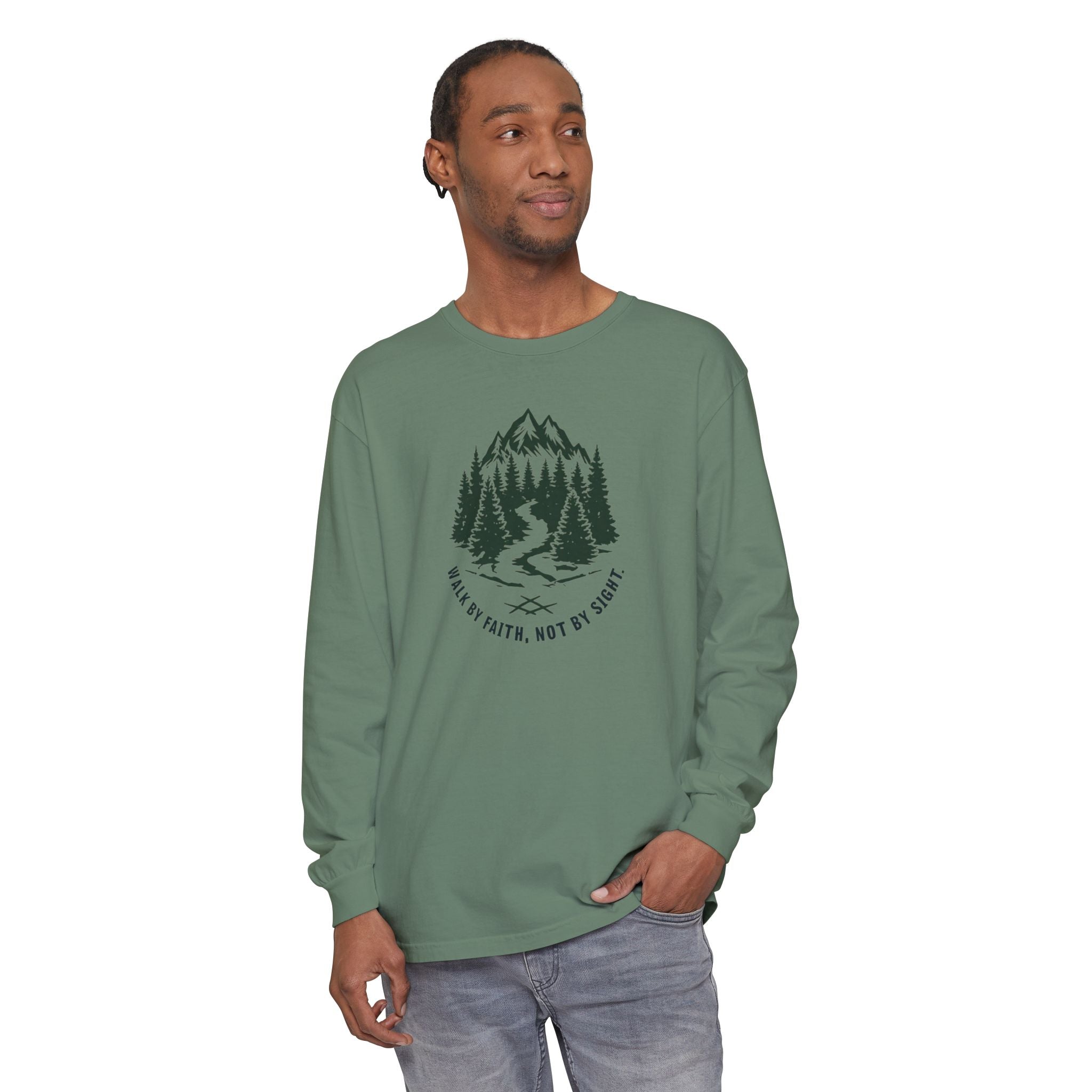 Walk by Faith, Not By Sight Comfort Colors Unisex Long Sleeve Shirt | Faith Mountain Graphic Tee | Garment Dyed Cotton
