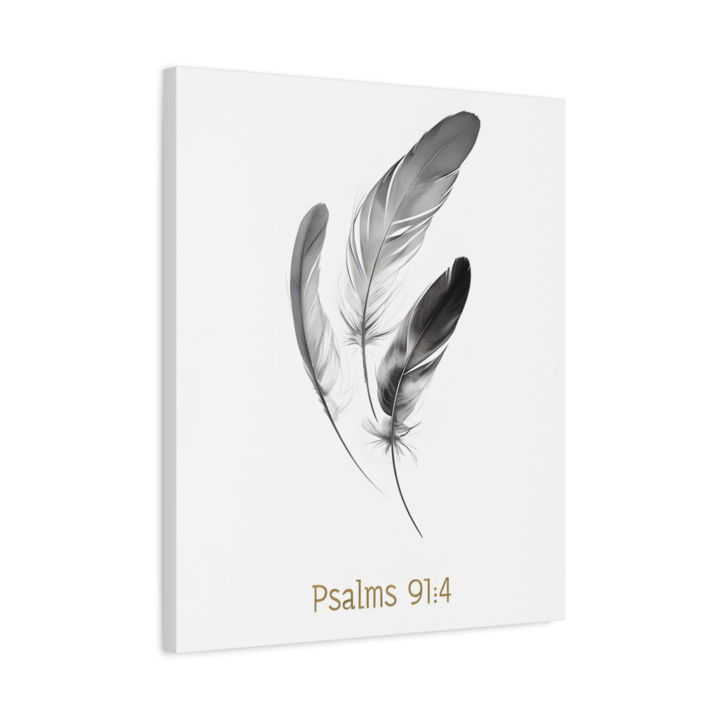 Psalm 91:4 Feather Canvas Wall Art – Christian Scripture Home Decor – Bible Verse Matte Canvas Print