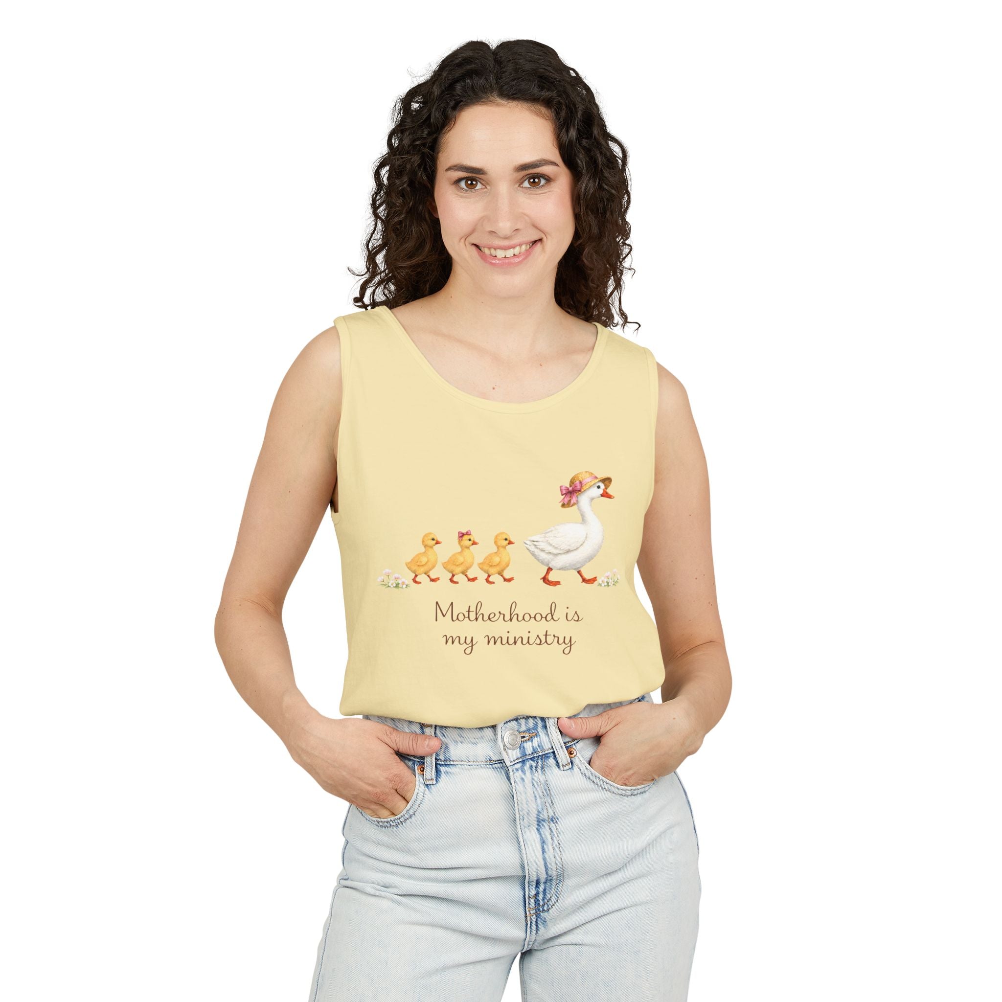Motherhood Is My Ministry Tank Top — Cute Duck Family Graphic Tank