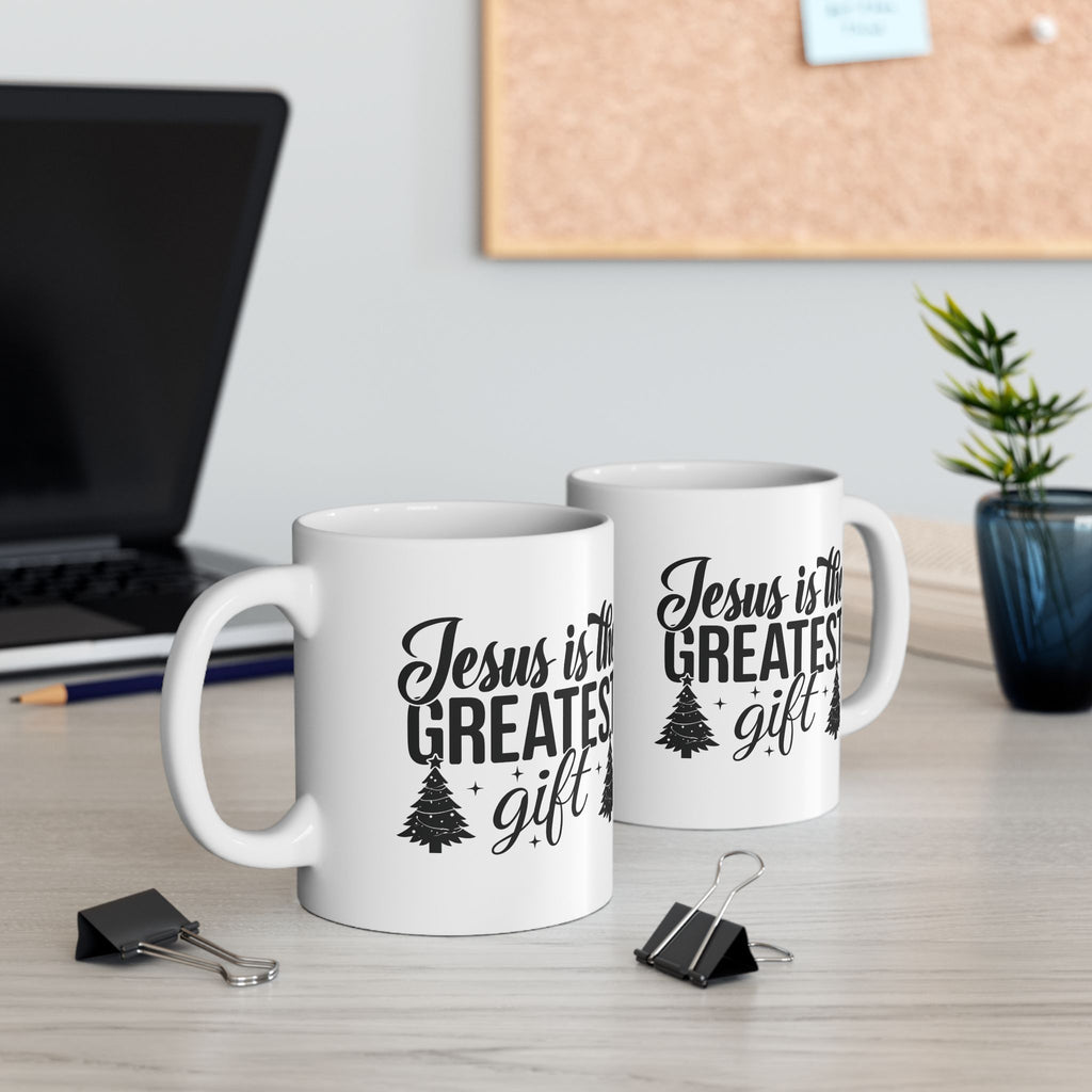 Jesus is the Greatest Gift Christian Winter Coffee Mug | Christmas Pine Design | Ceramic Christmas Mug Gift | 11oz 15oz