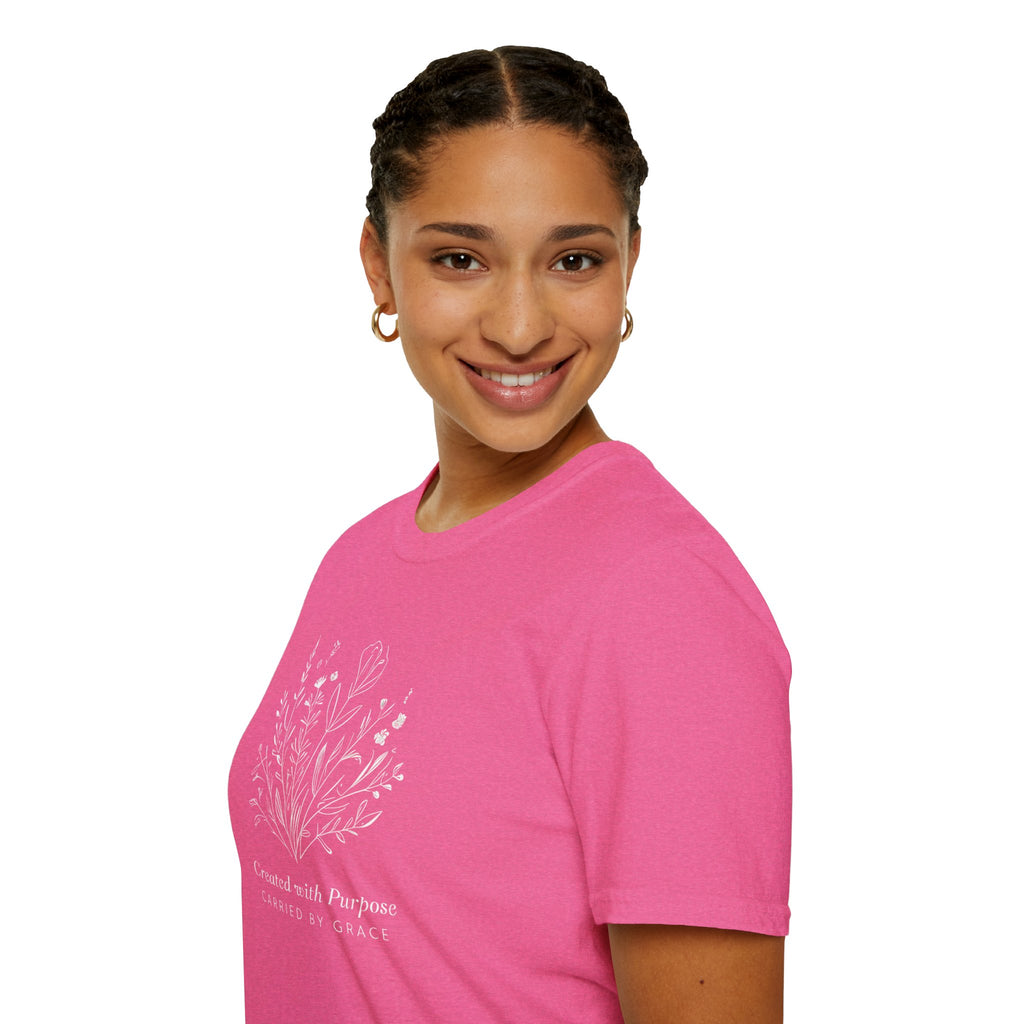 Created with Purpose Carried By Grace Christian Floral Gildan T-Shirt Women’s Faith Shirt Minimalist Design Soft Cotton Tee