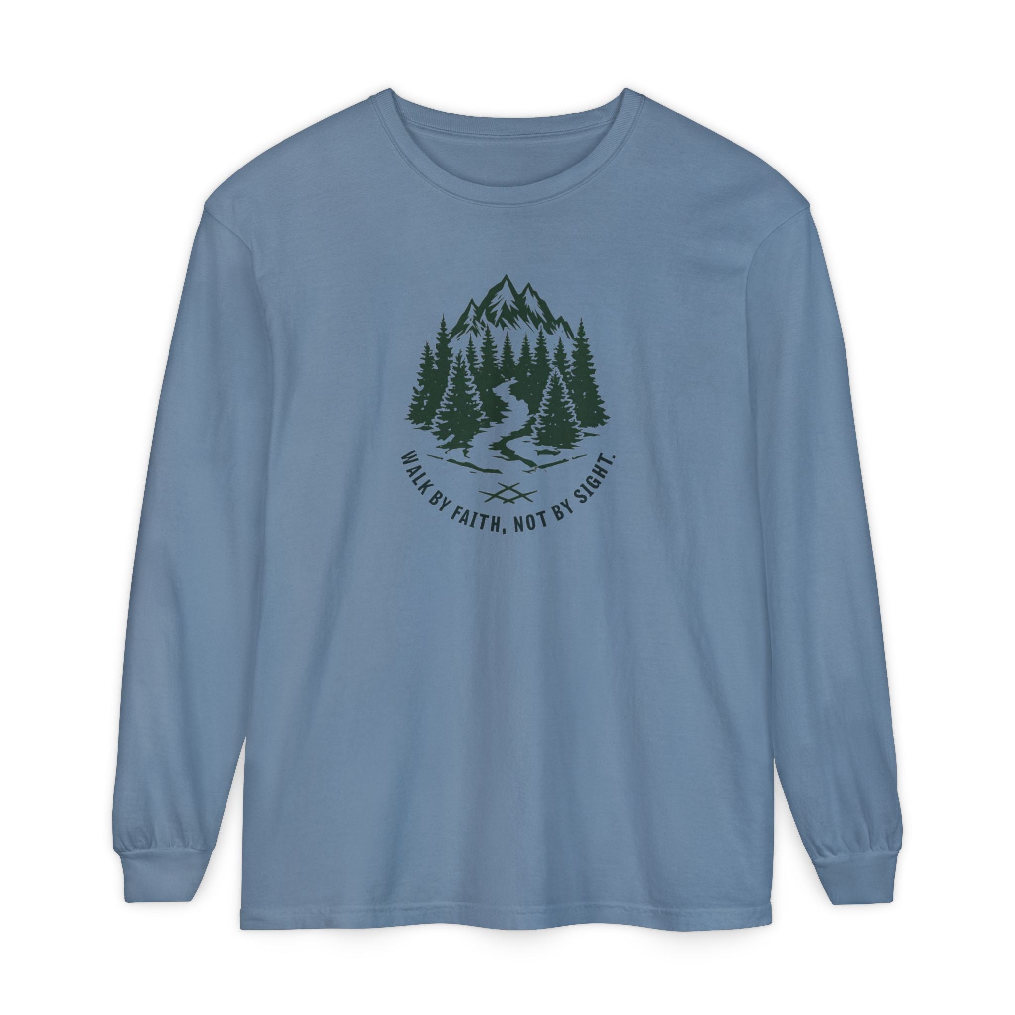 Walk by Faith, Not By Sight Comfort Colors Unisex Long Sleeve Shirt | Faith Mountain Graphic Tee | Garment Dyed Cotton
