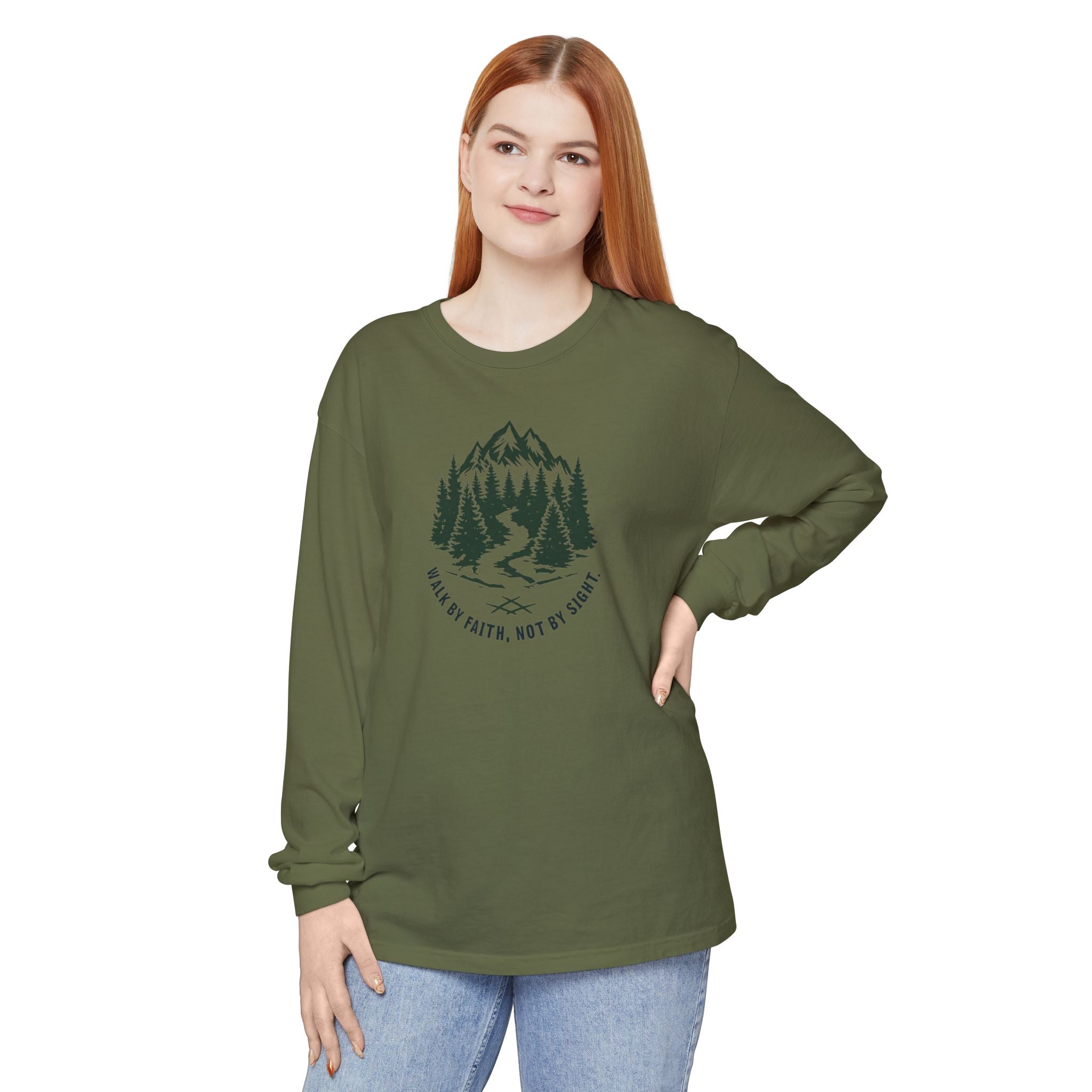 Walk by Faith, Not By Sight Comfort Colors Unisex Long Sleeve Shirt | Faith Mountain Graphic Tee | Garment Dyed Cotton