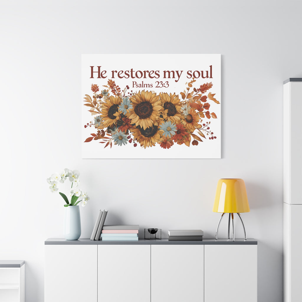 Psalm 23:3 Canvas Wall Art | Christian Sunflower Home Decor | Faith Gift