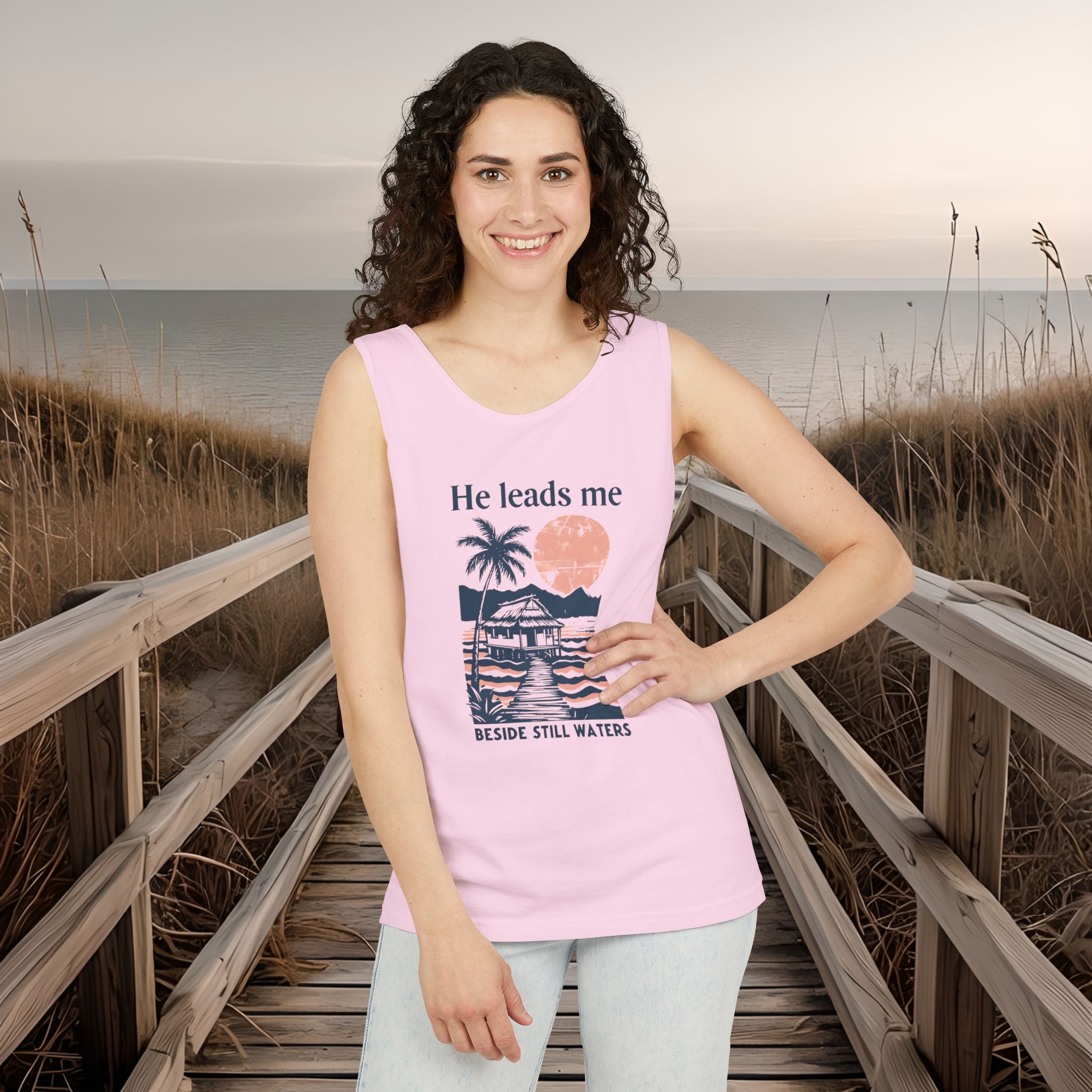 He Leads Me Beside Still Water Unisex Comfort Colors Tank Top | Psalms 23 | Christian Gift