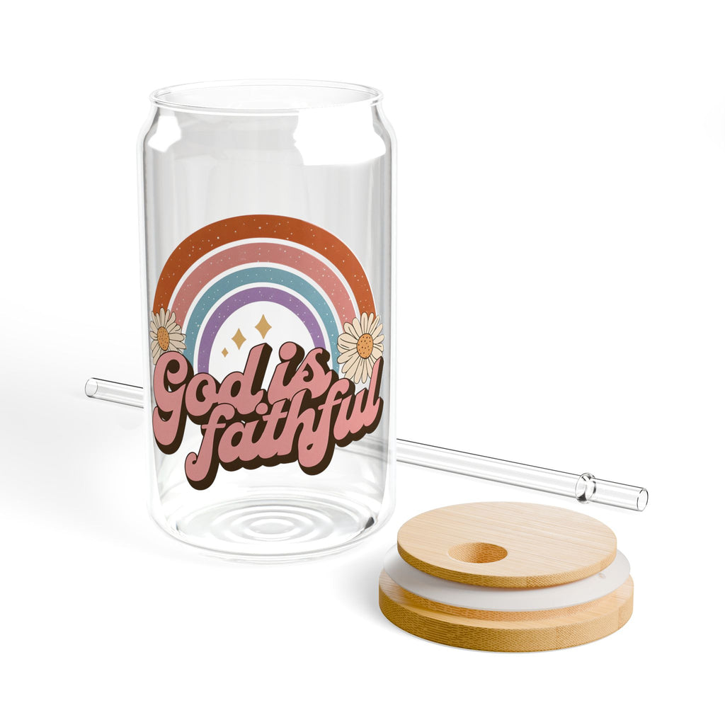 He Is Faithful Retro Sipper Glass – 16 oz Christian Glass Tumbler – Faith-Based Drinkware – Inspirational Gift Idea