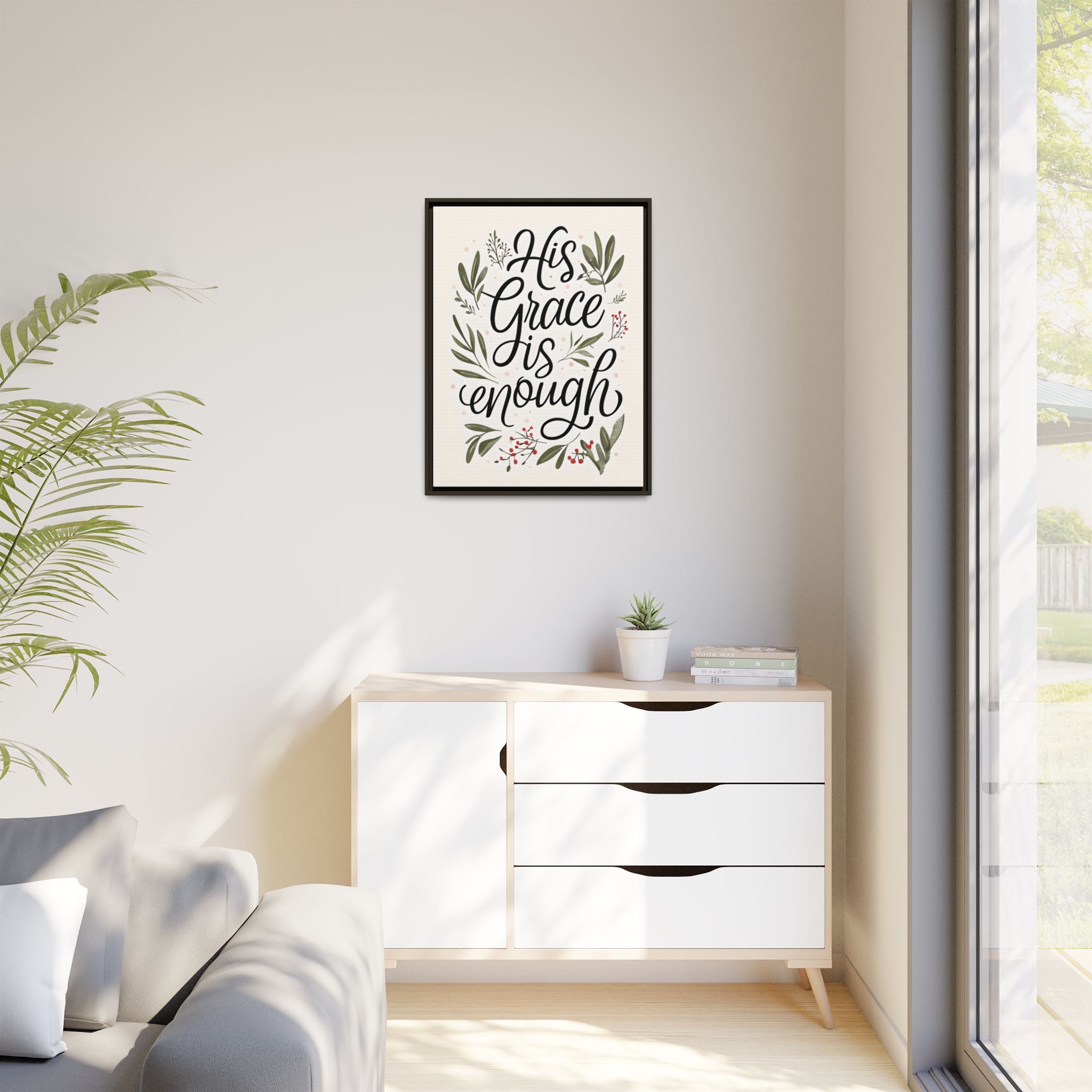 His Grace is Enough Floral Scripture Framed Matte Canvas | Modern Faith Home Decor