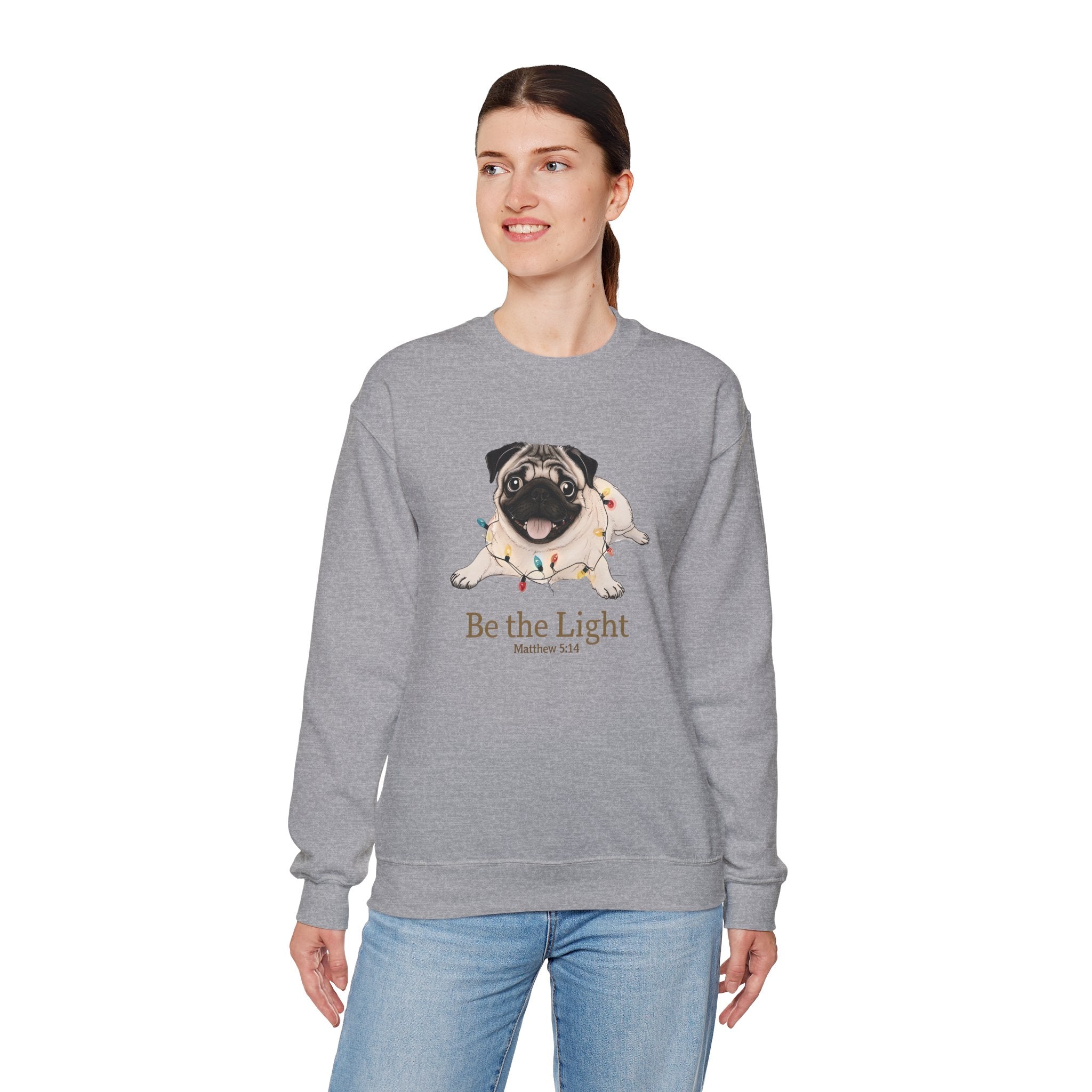 Be the Light Christmas Pug Unisex Gildan Sweatshirt | Christian Crewneck Holiday Gift