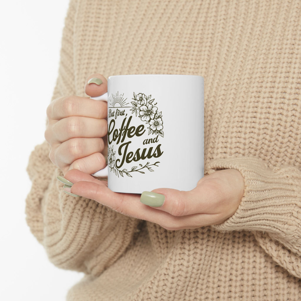 Jesus + Coffee Christian Coffee Mug | Faith Ceramic Mug 11oz & 15oz | Botanical Design Christian Gift