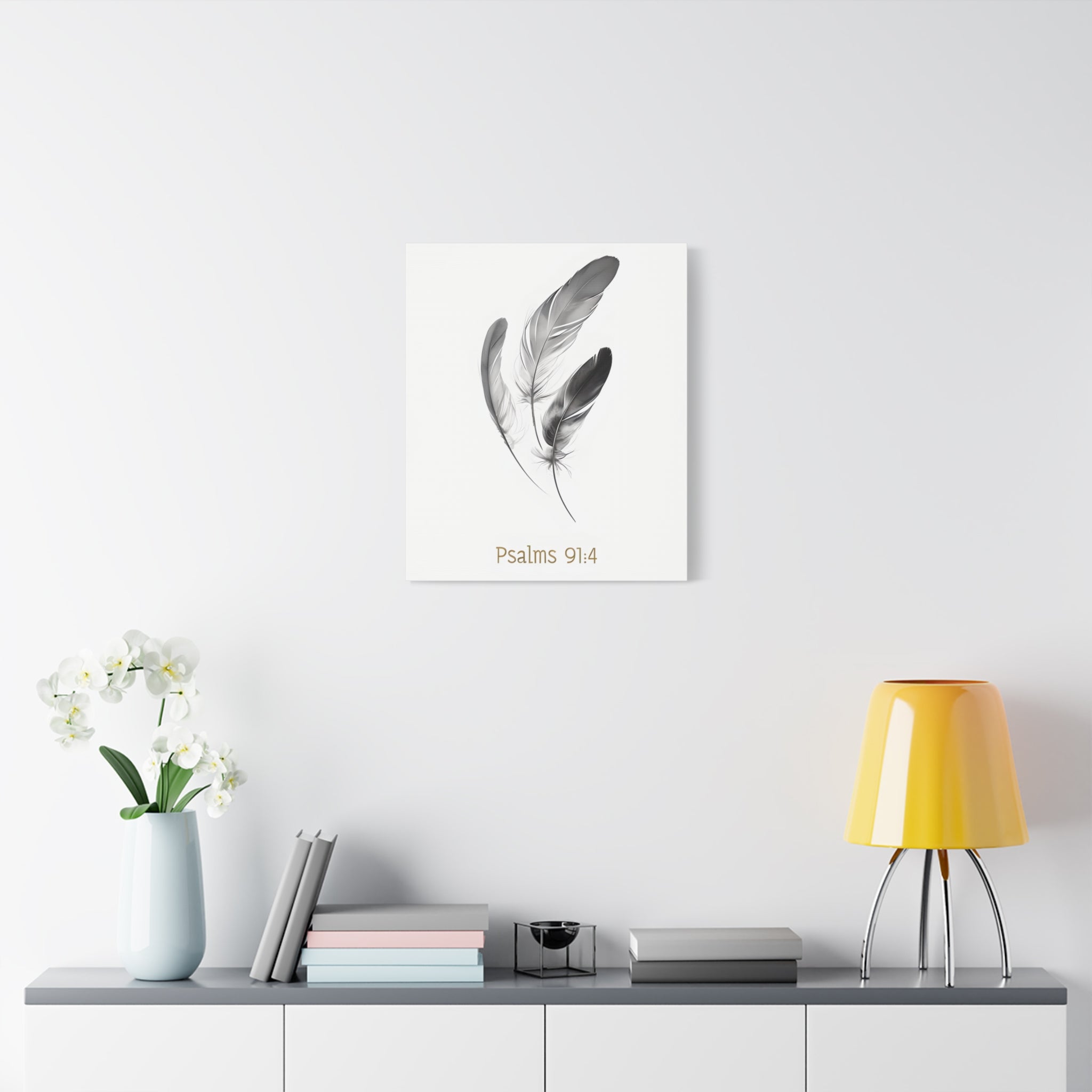 Psalm 91:4 Feather Canvas Wall Art – Christian Scripture Home Decor – Bible Verse Matte Canvas Print