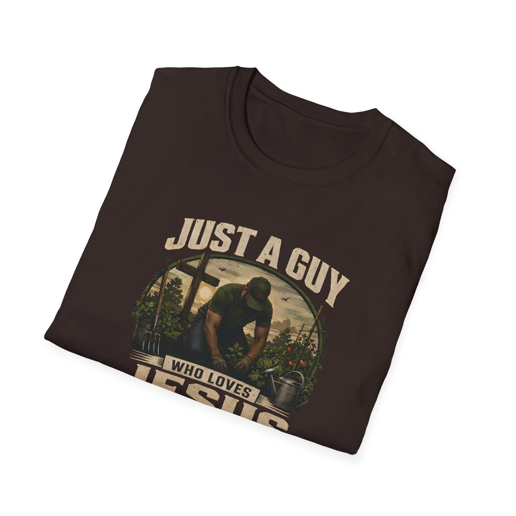 Just A Guy Who Loves Jesus And Gardening Gildan Christian T-Shirt for Men | Faith Based Gardening Shirt | Gardener Gift Tee