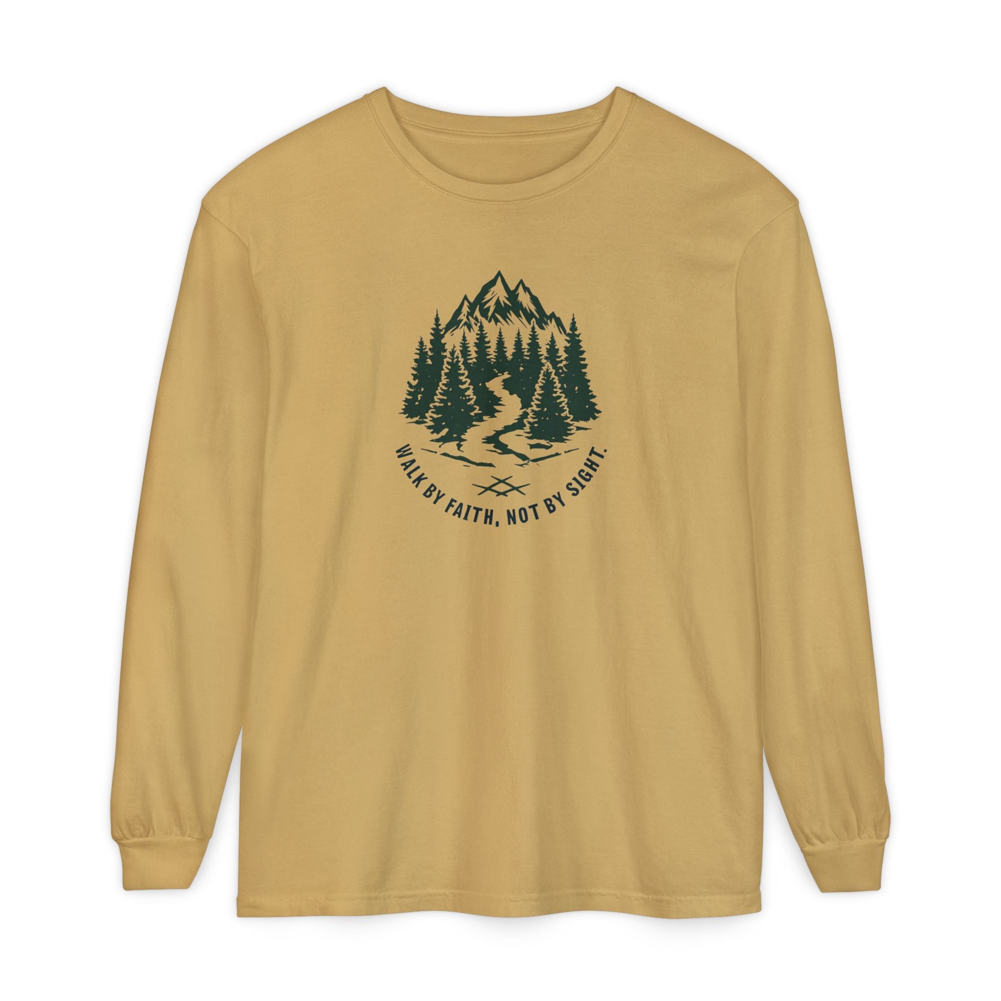 Walk by Faith, Not By Sight Comfort Colors Unisex Long Sleeve Shirt | Faith Mountain Graphic Tee | Garment Dyed Cotton