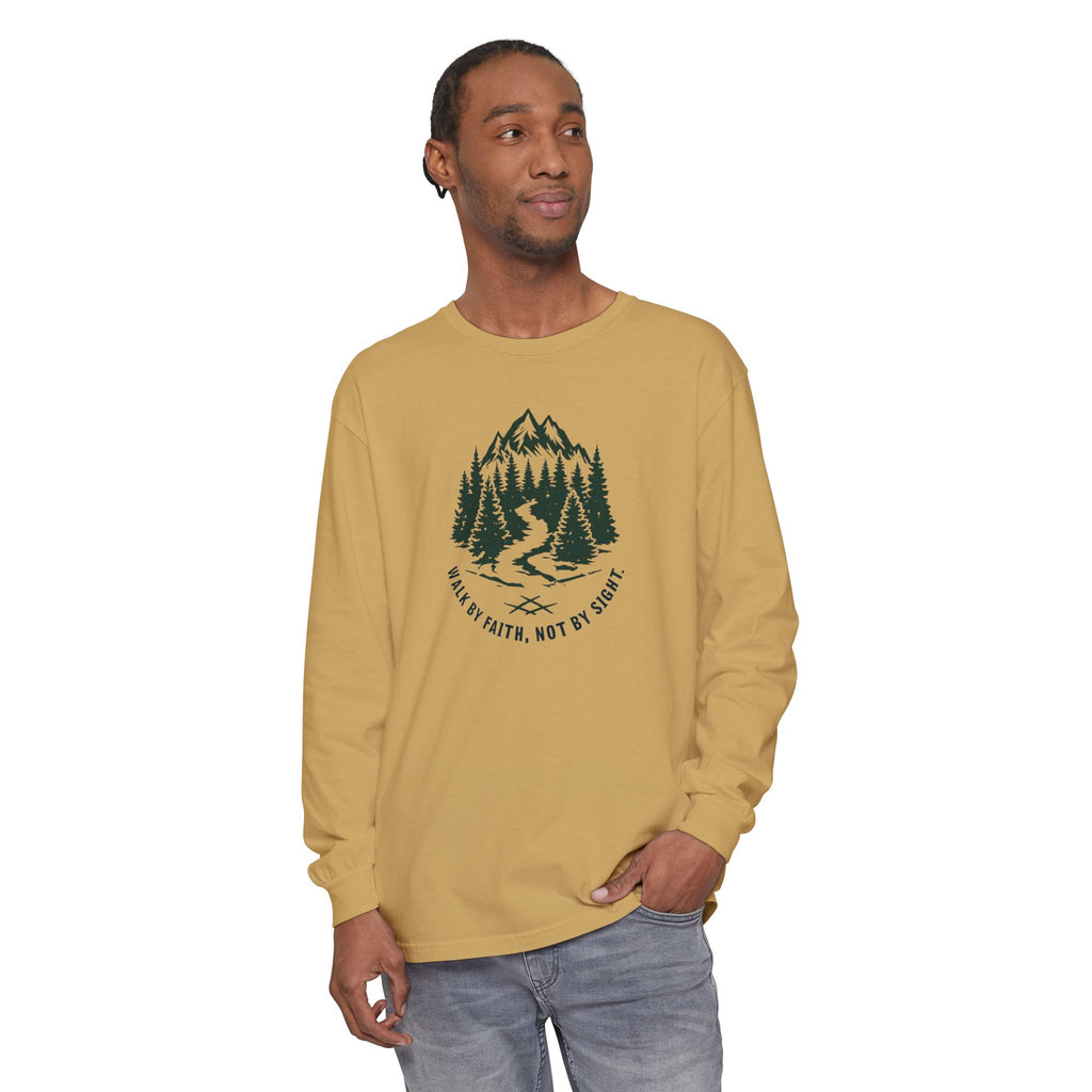 Walk by Faith, Not By Sight Comfort Colors Unisex Long Sleeve Shirt | Faith Mountain Graphic Tee | Garment Dyed Cotton