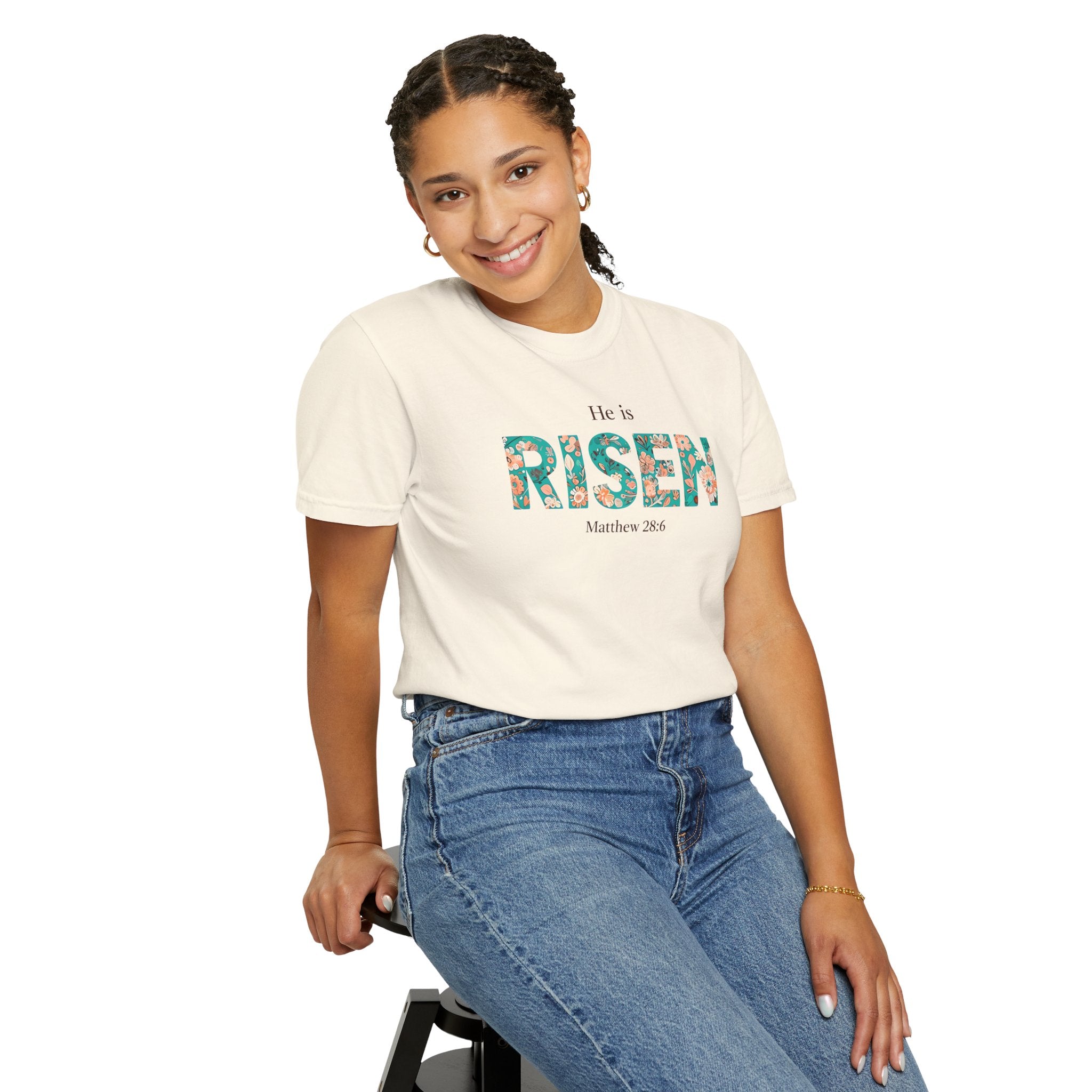 He is RISEN Christian T-Shirt | Easter Women’s Faith Shirt | Scripture Tee Matthew 28:6 | Floral Graphic | Garment-Dyed Cotton | S-4XL