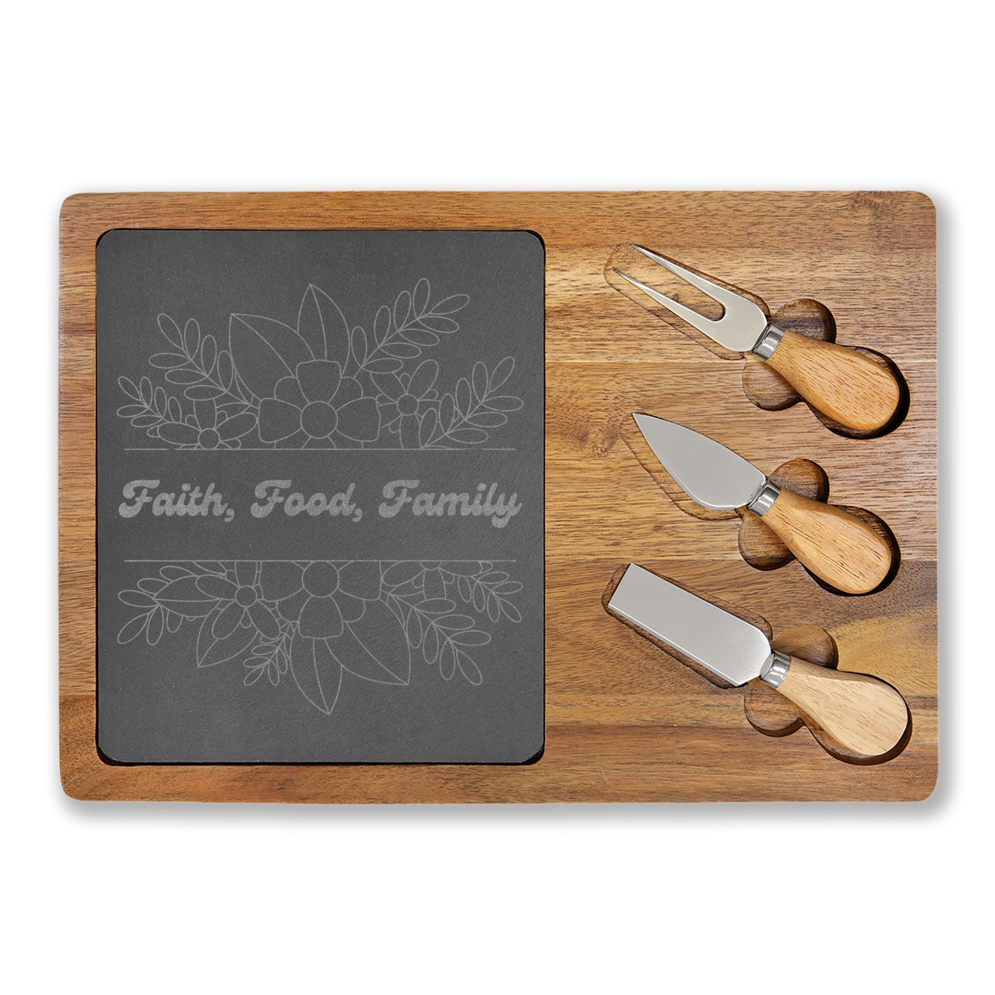 Faith Food Family Engraved Acacia Charcuterie Board with Slate & Knives | Christian Gift Kitchen Decor