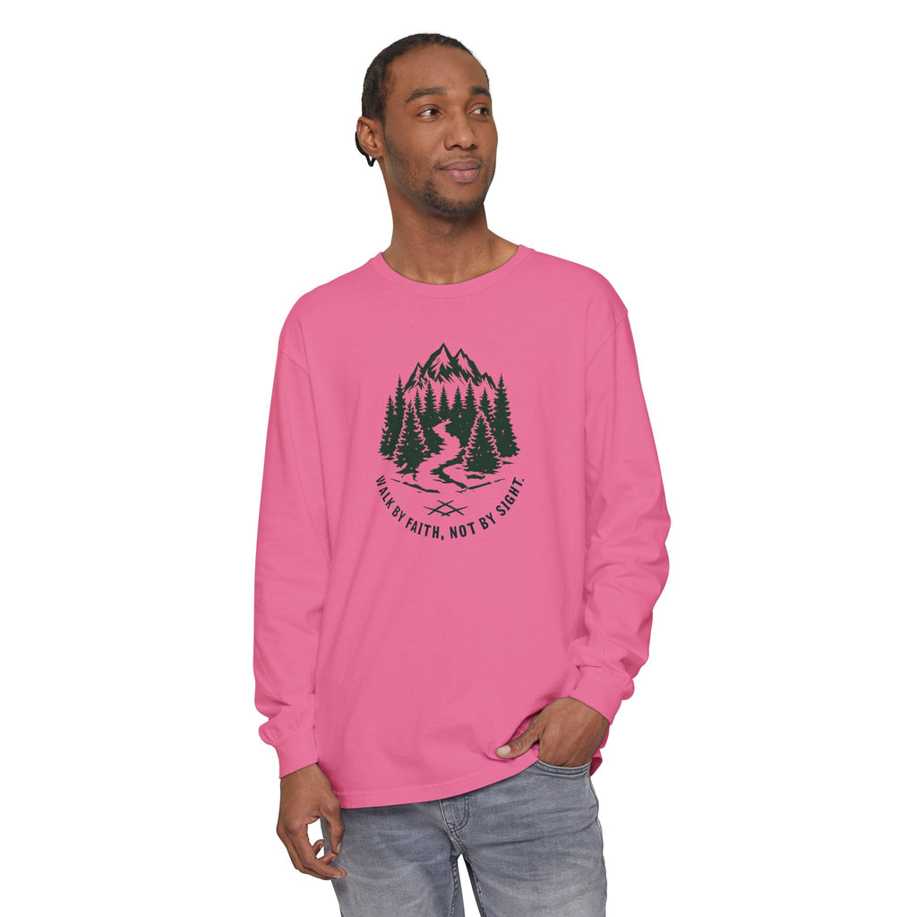 Walk by Faith, Not By Sight Comfort Colors Unisex Long Sleeve Shirt | Faith Mountain Graphic Tee | Garment Dyed Cotton