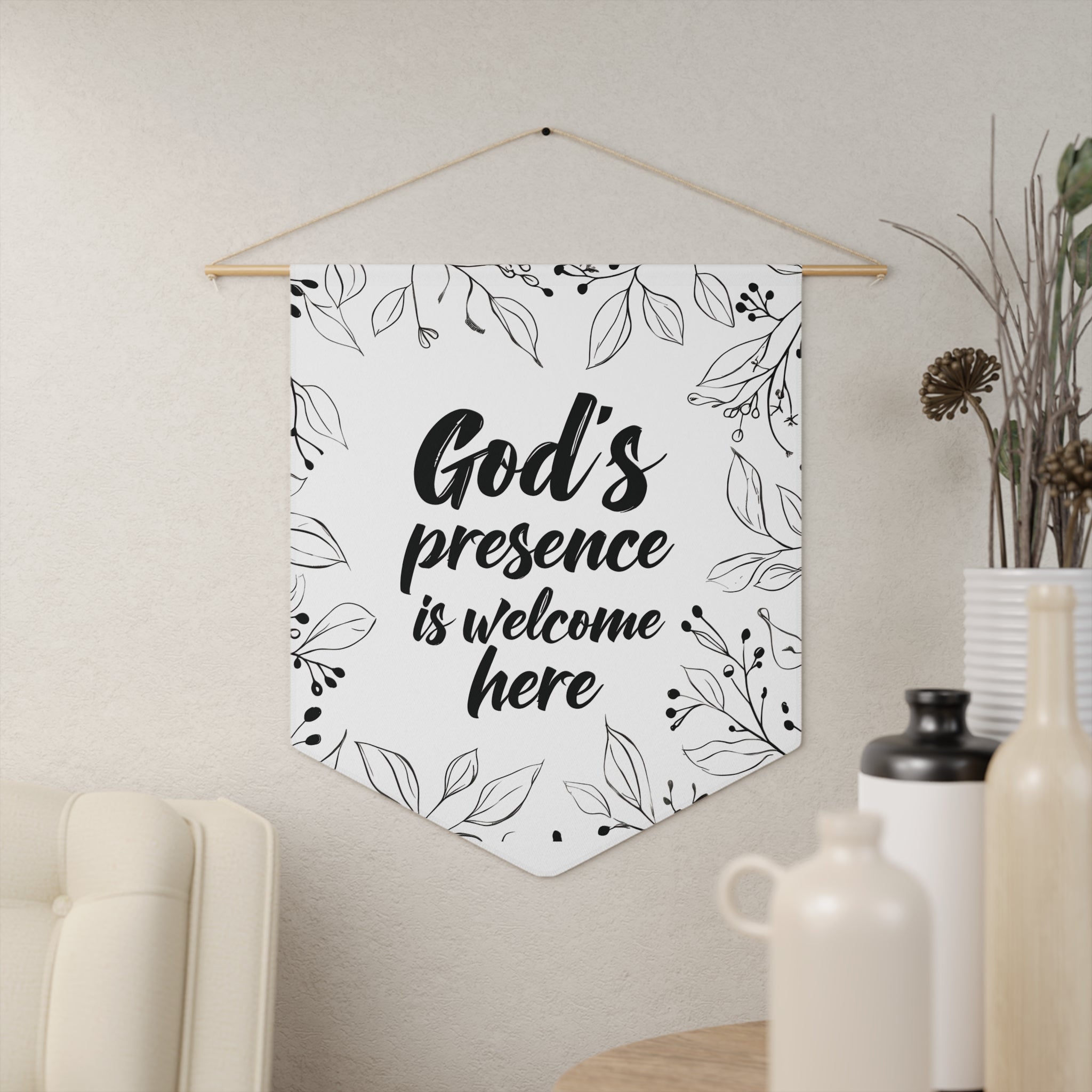God's Presence Is Welcome Here Christian pennant wall art — floral faith home decor — gift for women