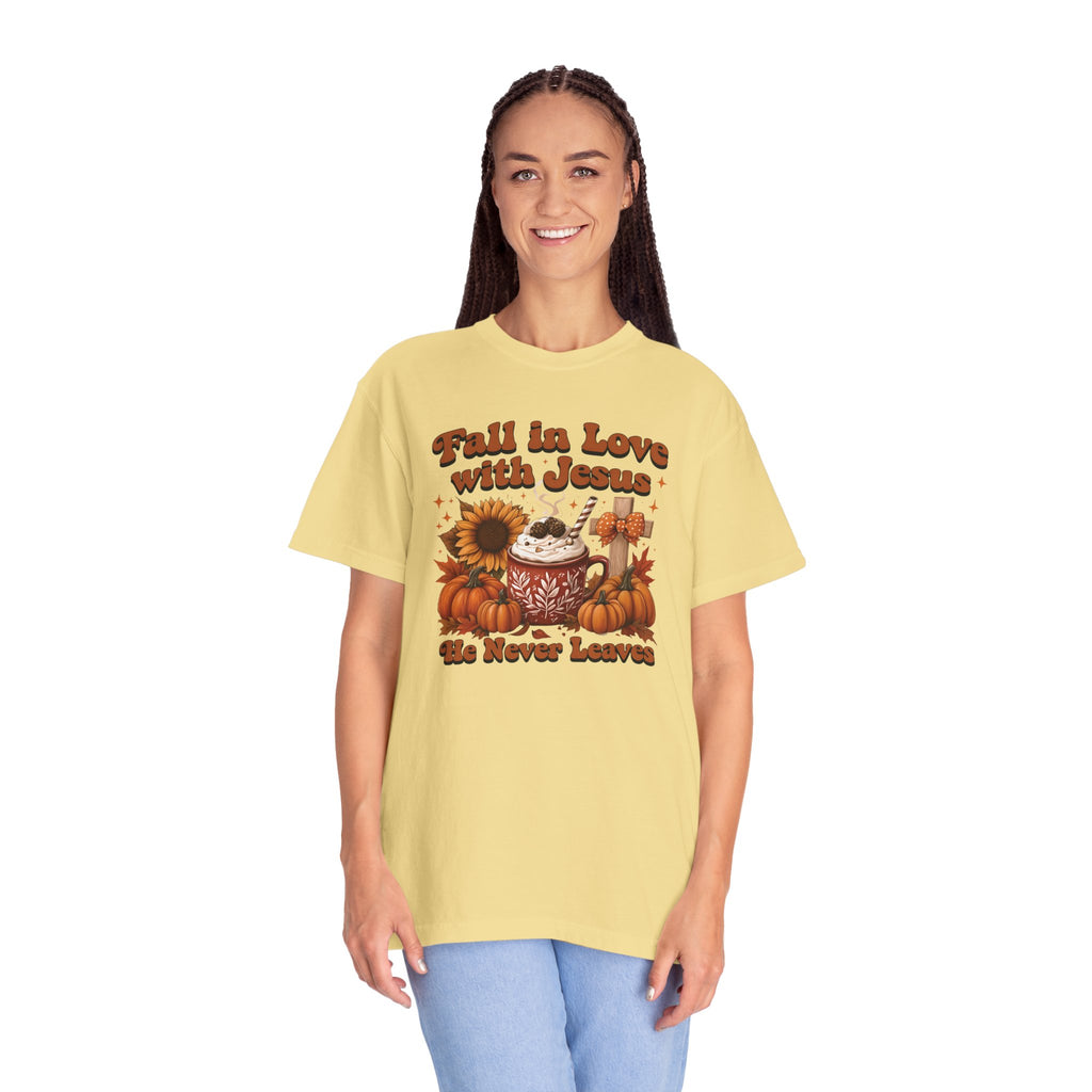 Fall in Love with Jesus Unisex Garment Dyed Comfort Colors T-Shirt | Christian Fall T-Shirt | Faith Based Thanksgiving Tee | Unisex Religious Cotton Top