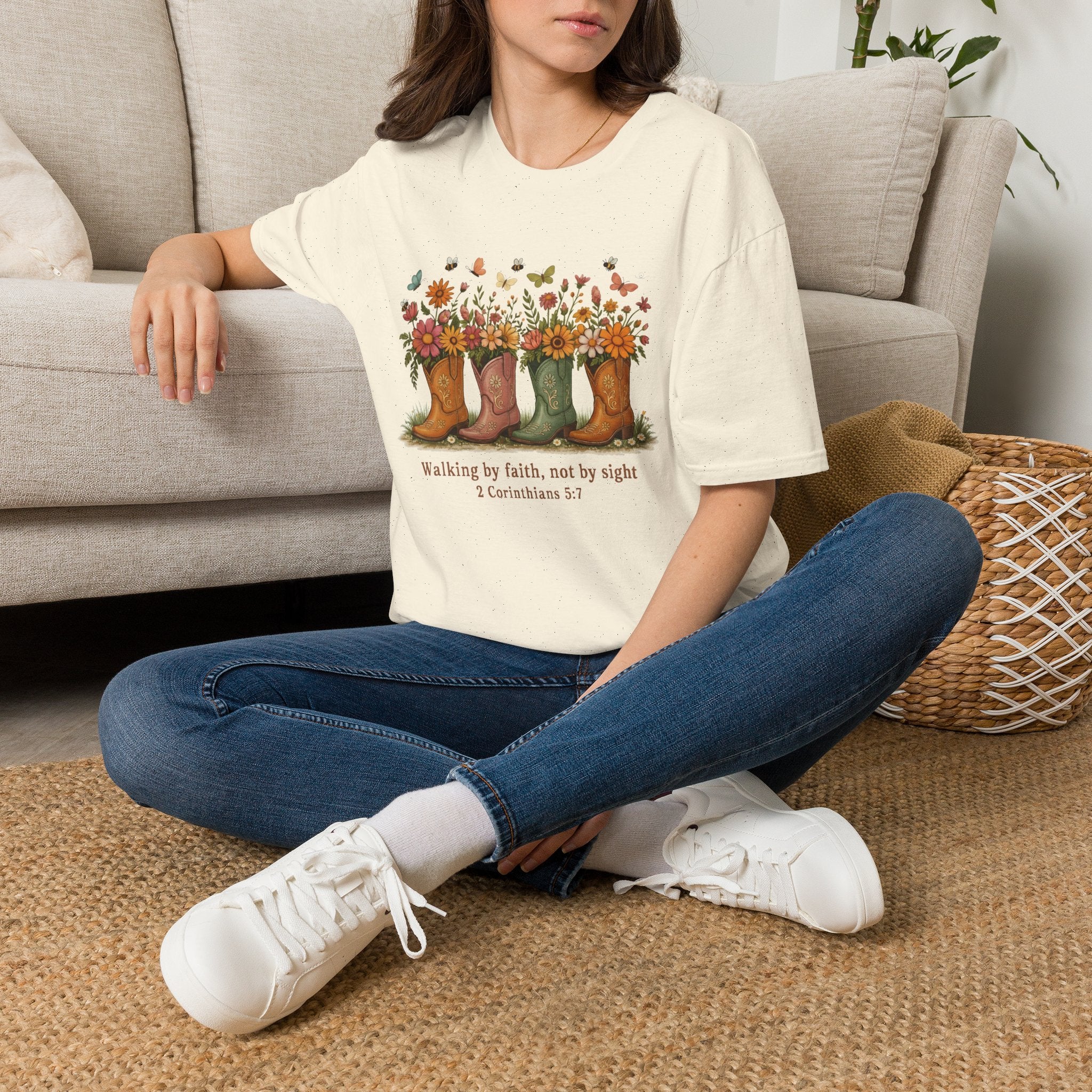 Walk by Faith Not by Sight Gildan Tshirt | Women's Wildflower Cowgirl Boots Christian Tee