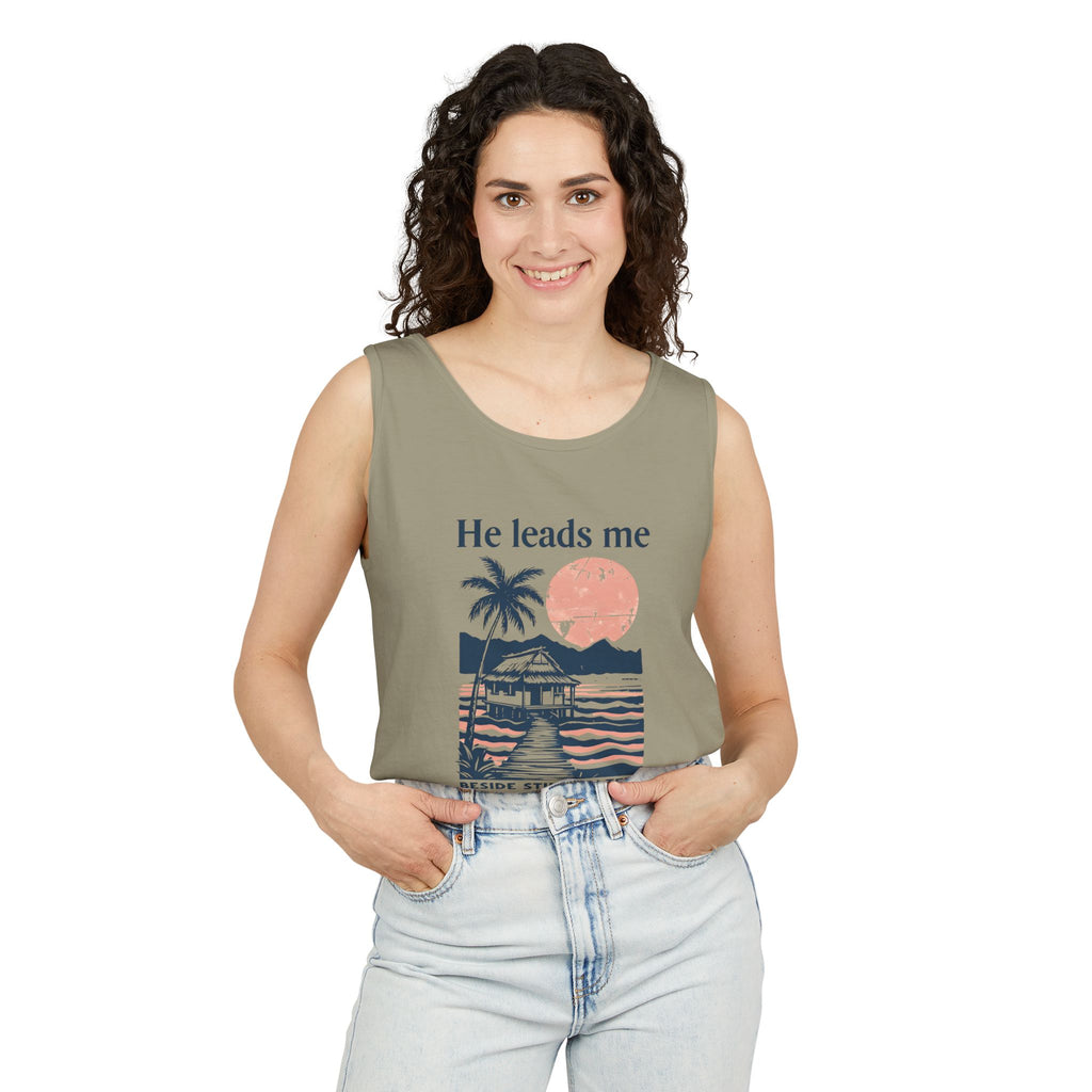He Leads Me Beside Still Water Unisex Comfort Colors Tank Top | Psalms 23 | Christian Gift