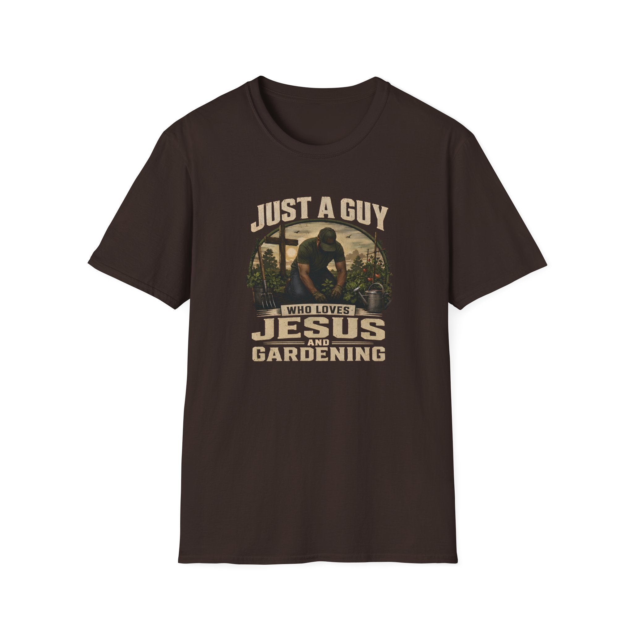 Just A Guy Who Loves Jesus And Gardening Gildan Christian T-Shirt for Men | Faith Based Gardening Shirt | Gardener Gift Tee