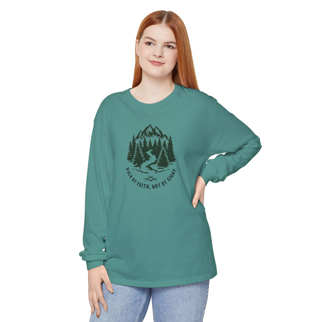 Walk by Faith, Not By Sight Comfort Colors Unisex Long Sleeve Shirt | Faith Mountain Graphic Tee | Garment Dyed Cotton